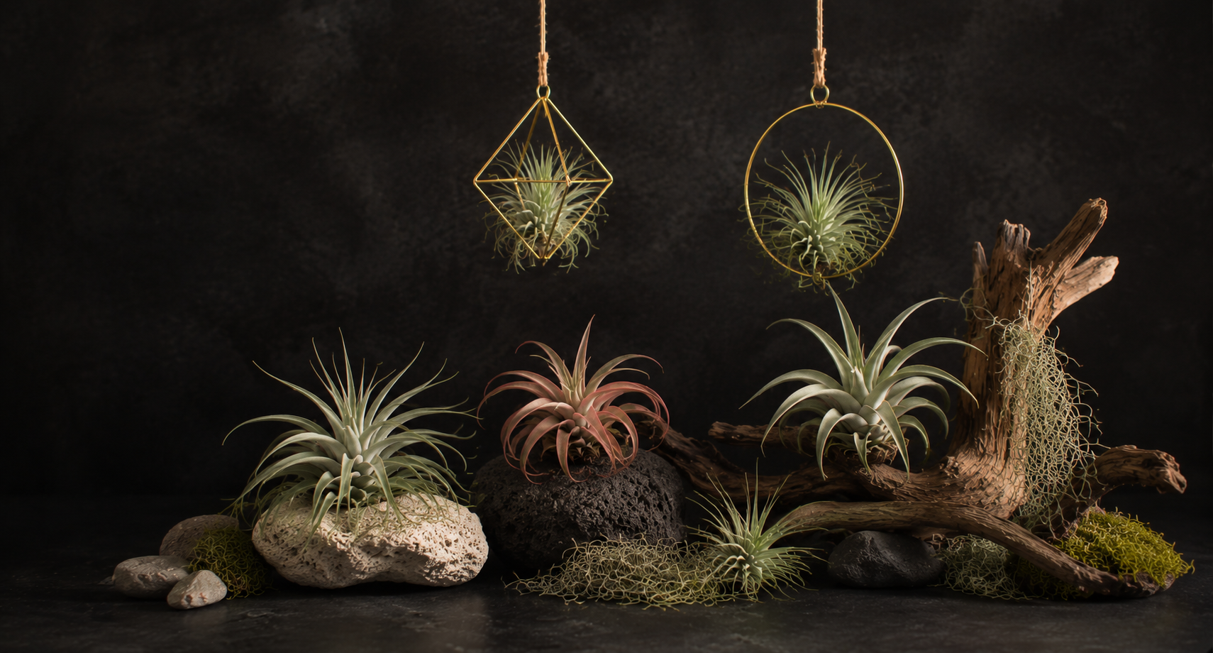 Алт текст (на български):  
Екзотични AirPlants върху естествен дървен декор за модерен интериор.