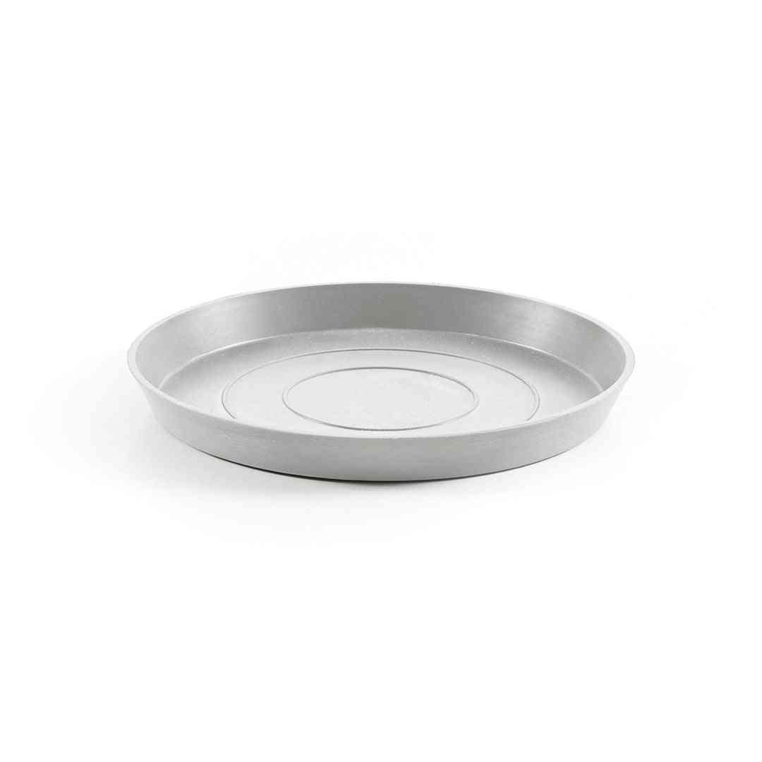 Чинийка за саксия Ecopots Saucer Round 40 White Grey с кръгъл дизайн и светлосив цвят, подходяща за стайни растения и кашпи Ecopots.