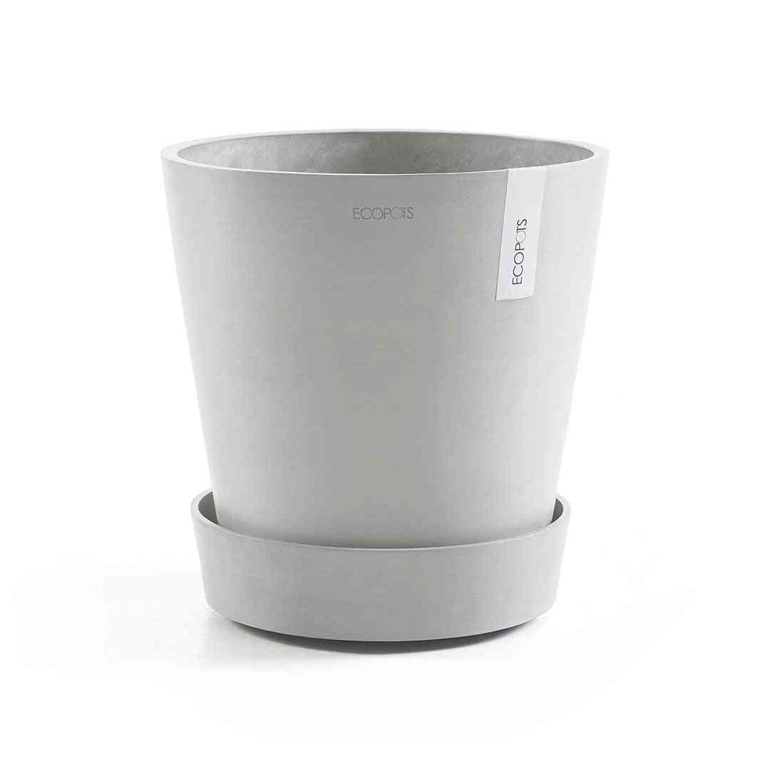 Саксия Ecopots с поставена чинийка на колелца - Ecopots Saucer Wheels Round 40 White Grey, подходяща за стайни растения и лесно местене.