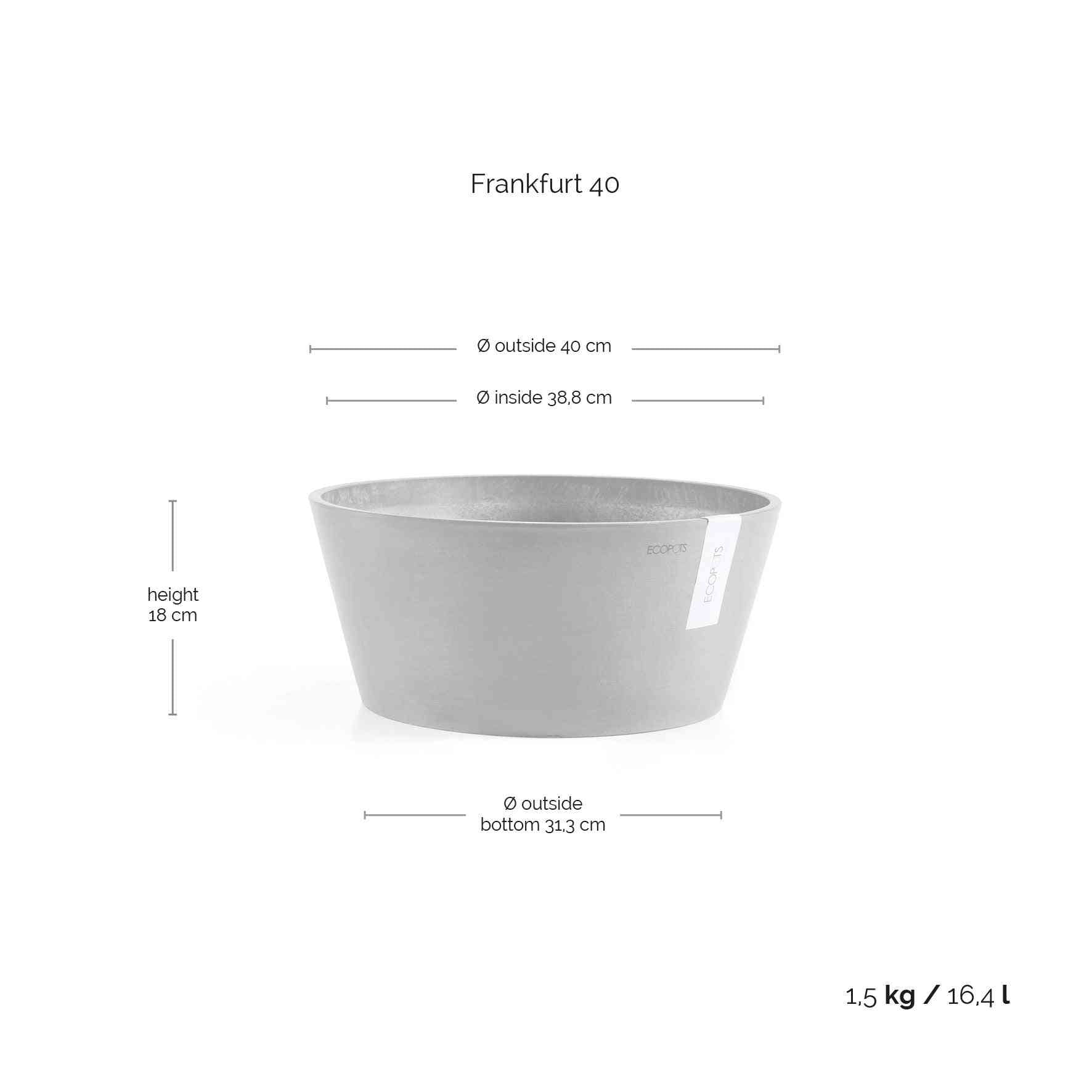 Размери на кашпа Тест Ecopots Frankfurt 40 Grey – Ø40 см, височина 18 см, обем 16.4 л, идеална за стайни растения.