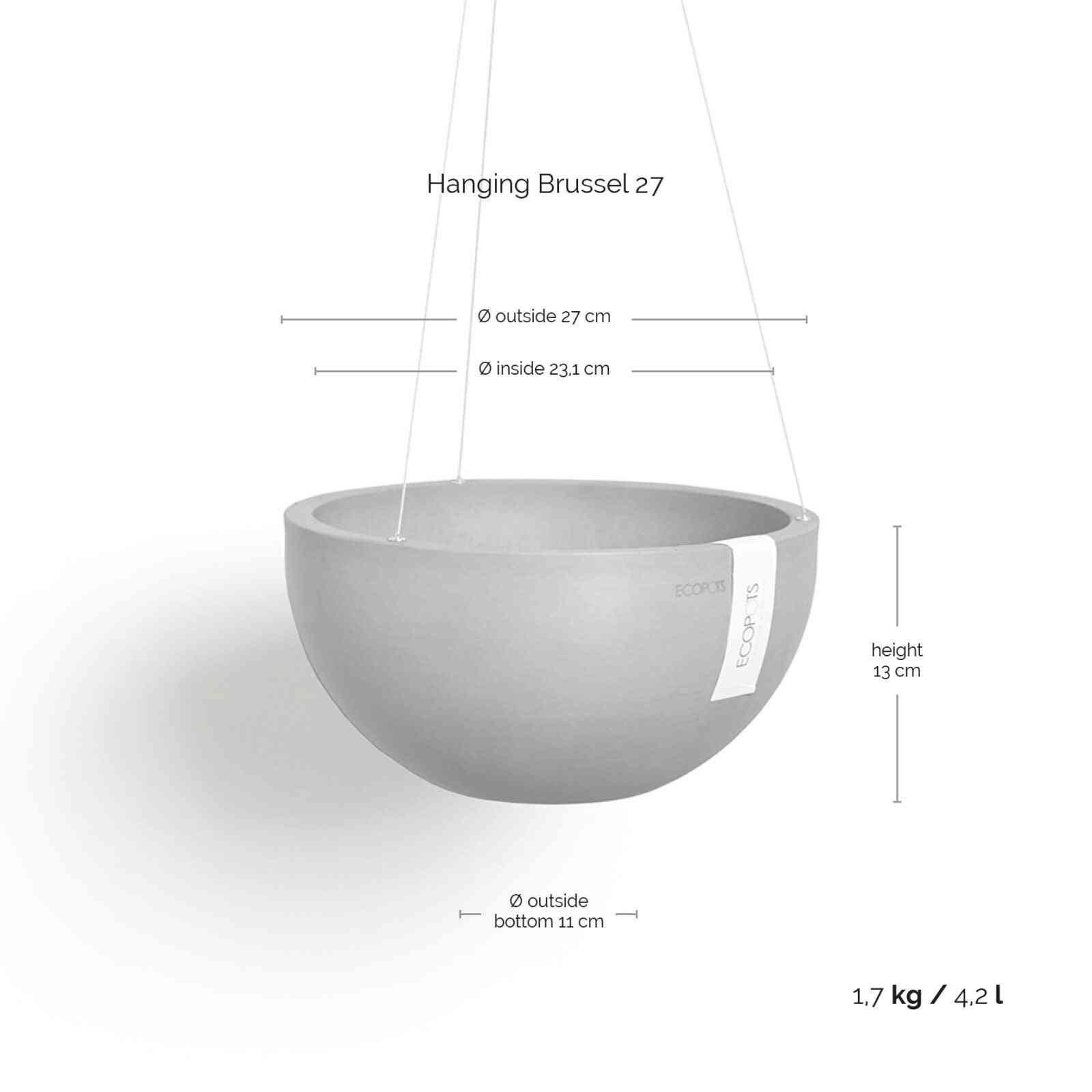 Размери на Ecopots Hanging Brussels 27 Taupe: Ø27 см, височина 13 см, капацитет 4.2 л, идеална за стайни растения.