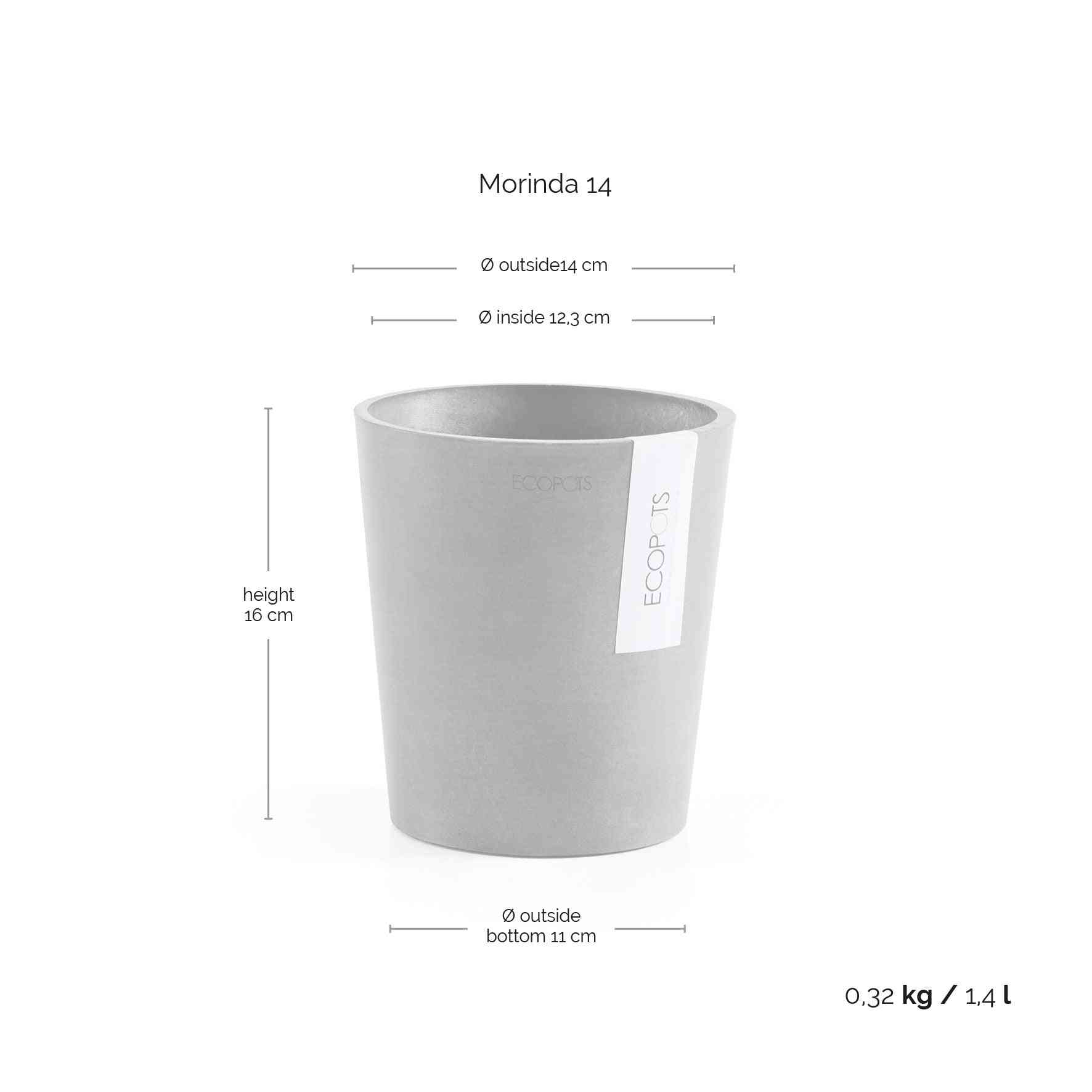Размери и тегло на сивата кашпа Ecopots Morinda 14 Grey – 14 см диаметър, 16 см височина, 1.4 л обем, 0.32 кг тегло.