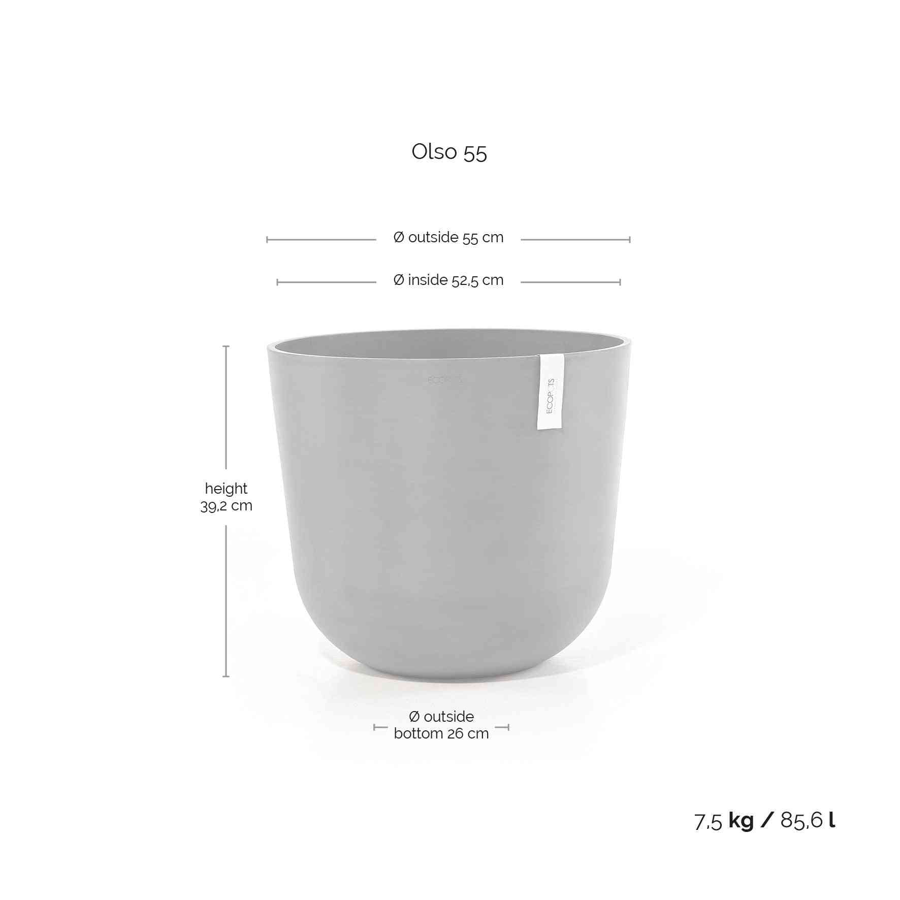 Размери на кашпа Ecopots Oslo 55 White Grey – 55 см диаметър, 39,2 см височина, вместимост 85,6 л, тегло 7,5 кг.