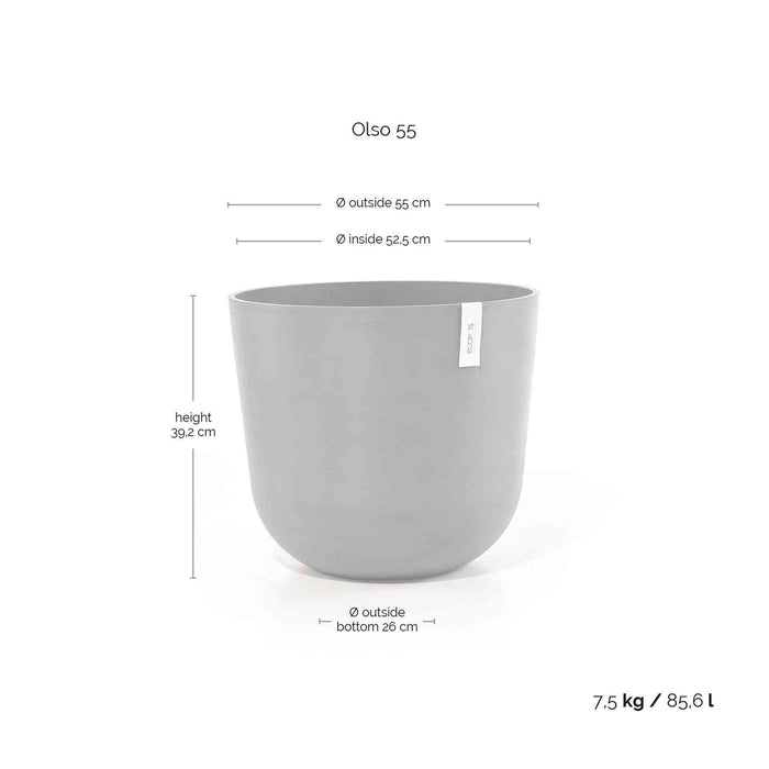 Размери на кашпа Ecopots Oslo 55 White Grey – 55 см диаметър, 39,2 см височина, вместимост 85,6 л, тегло 7,5 кг.