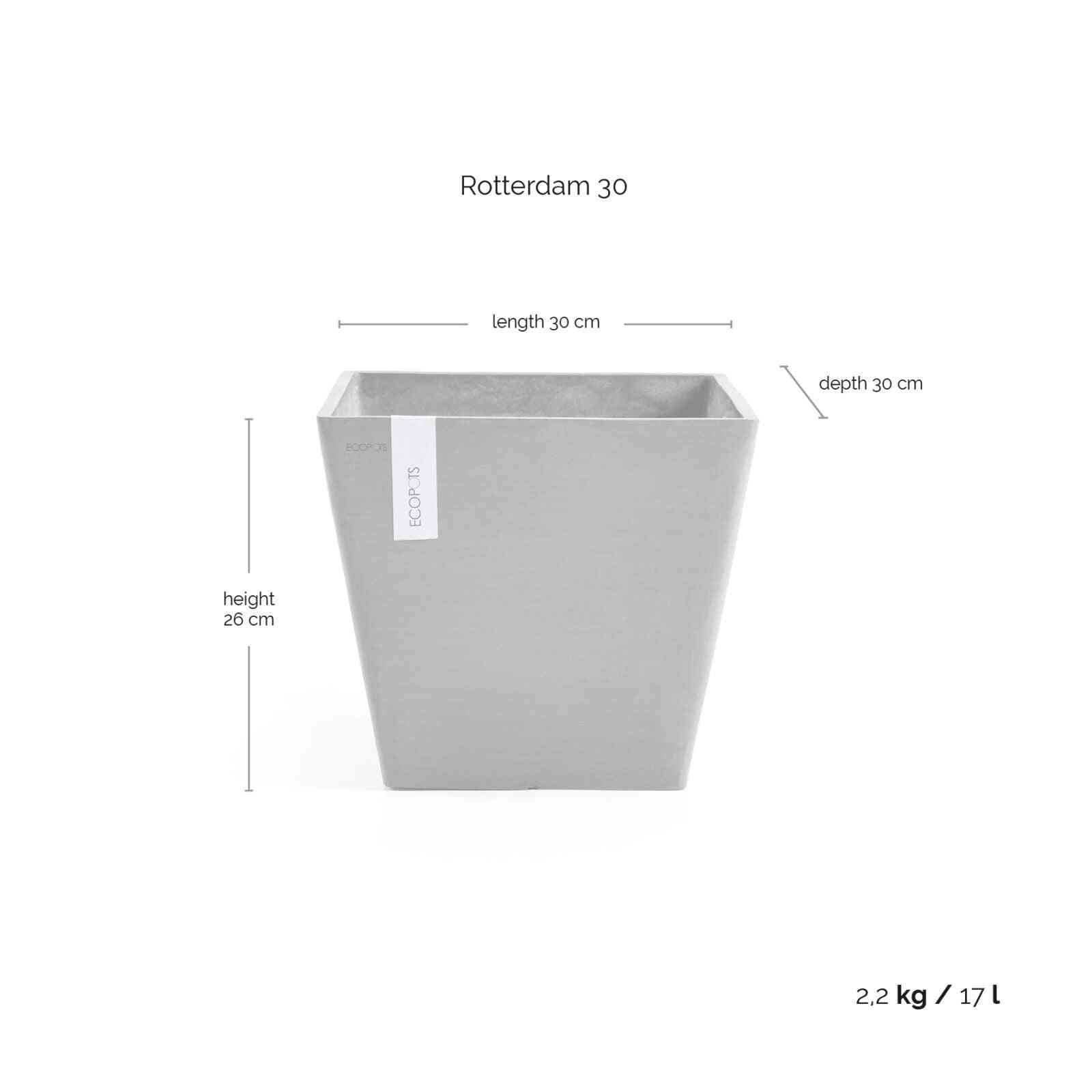 Размери на кашпа Ecopots Rotterdam 30 White Grey – 30x30x26 см, вместимост 17 л, тегло 2,2 кг, идеална за домашни растения.