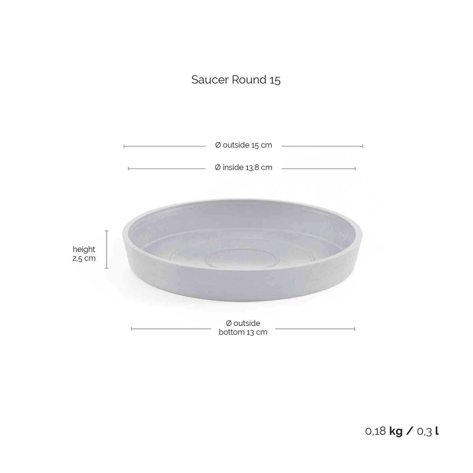Размери на чинийка за саксия - Ecopots Saucer Round 15 Grey: диаметър 15 см, височина 2.5 см, подходяща за малки саксии и стайни растения.