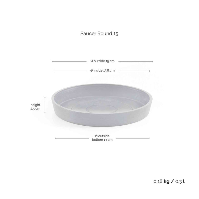 Размери на чинийка за саксия Ecopots Saucer Round 15 Dark Grey – диаметър 15 см, височина 2.5 см, капацитет 0.3 л, идеална за градинарство.
