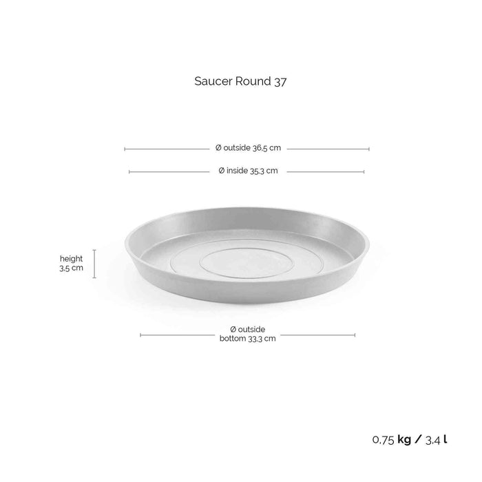 Размери и спецификации на чинийка за саксия Ecopots Saucer Round 40 White Grey с диаметър 36,5 см и вместимост 3,4 литра.