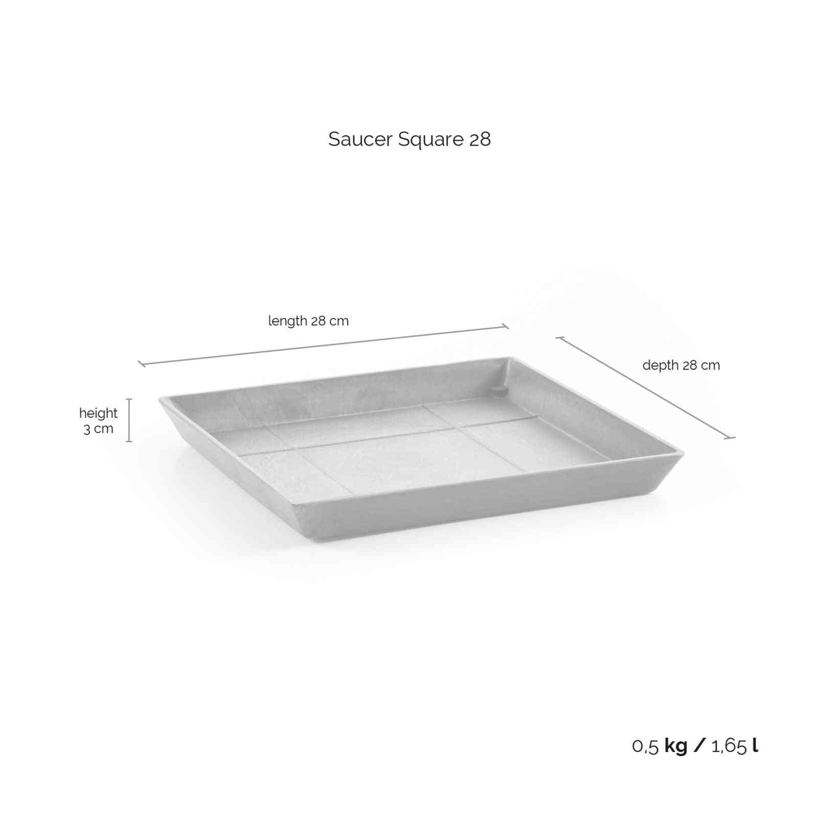 Размери на квадратна чинийка - Ecopots Saucer Square 30 Grey: 28x28x3 см, капацитет 1.65 л, подходяща за поддържане на чистота при поливане
