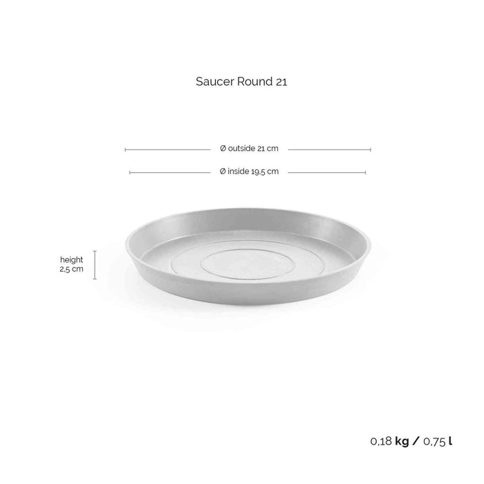Размери на чинийка за саксия Ecopots saucer round 25 White Grey – диаметър 25 см, височина 2.5 см, капацитет 0.75 л.