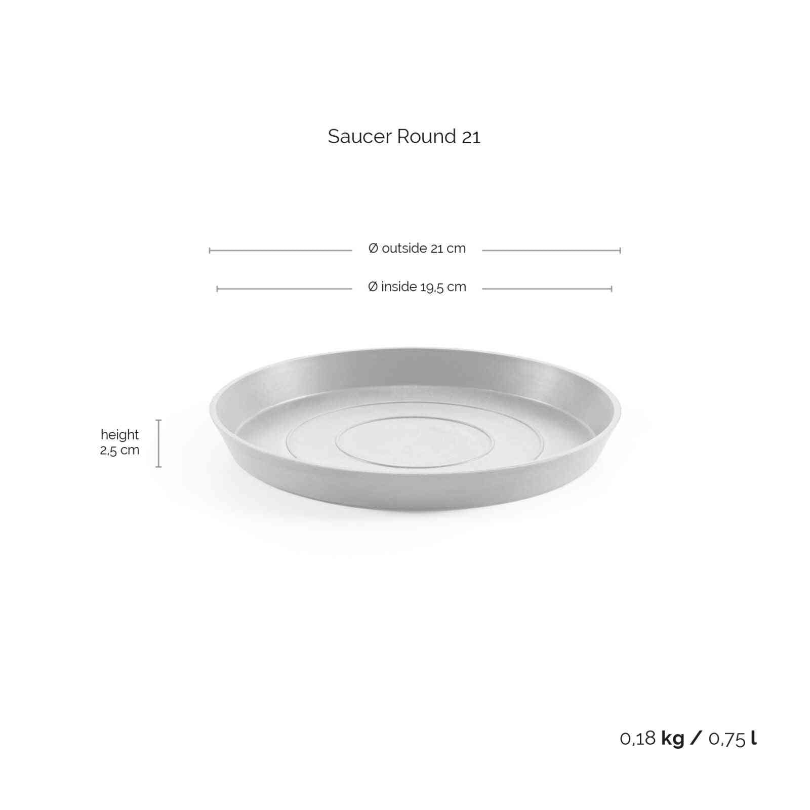 Размери и тегло на чинийка за саксия Ecopots saucer round 25 Dark Grey – диаметър 21 см, височина 2.5 см, капацитет 0.75 л, тегло 0.18 кг.
