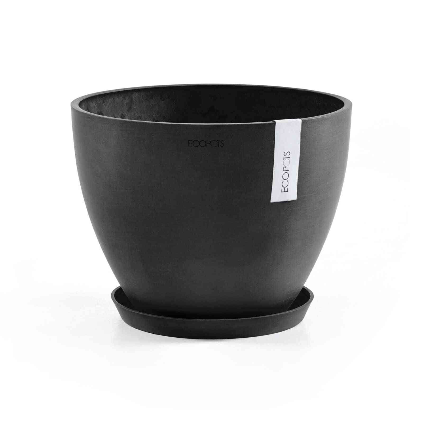 Кръгла тъмносива чинийка Ecopots под саксия, съвместима с различни модели кашпи за стайни растения в категория Градински аксесоари.