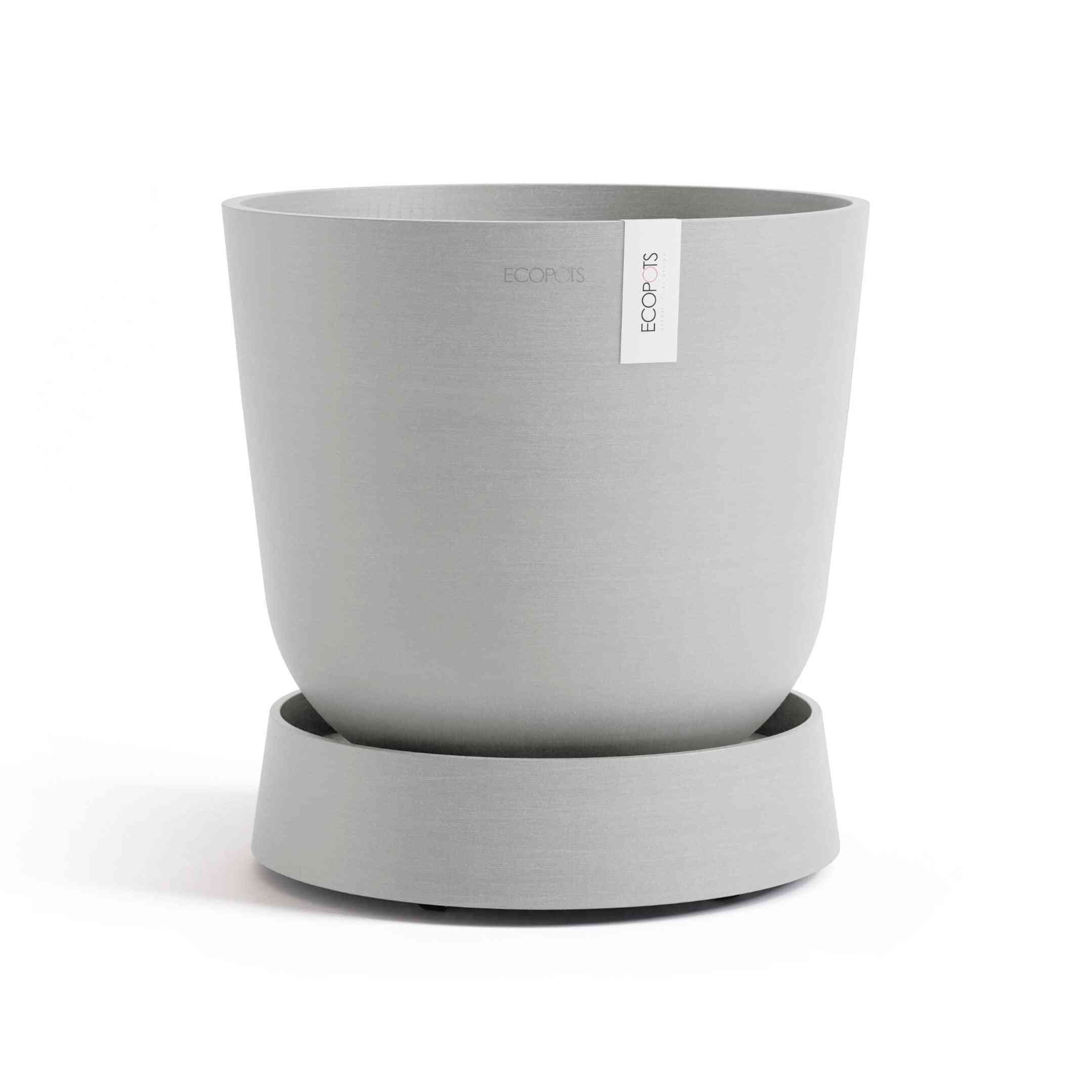Кашпа Ecopots, поставена върху чинийка с колелца - Saucer Wheels Oslo 35 White Grey, идеална за стайни растения и лесна мобилност.