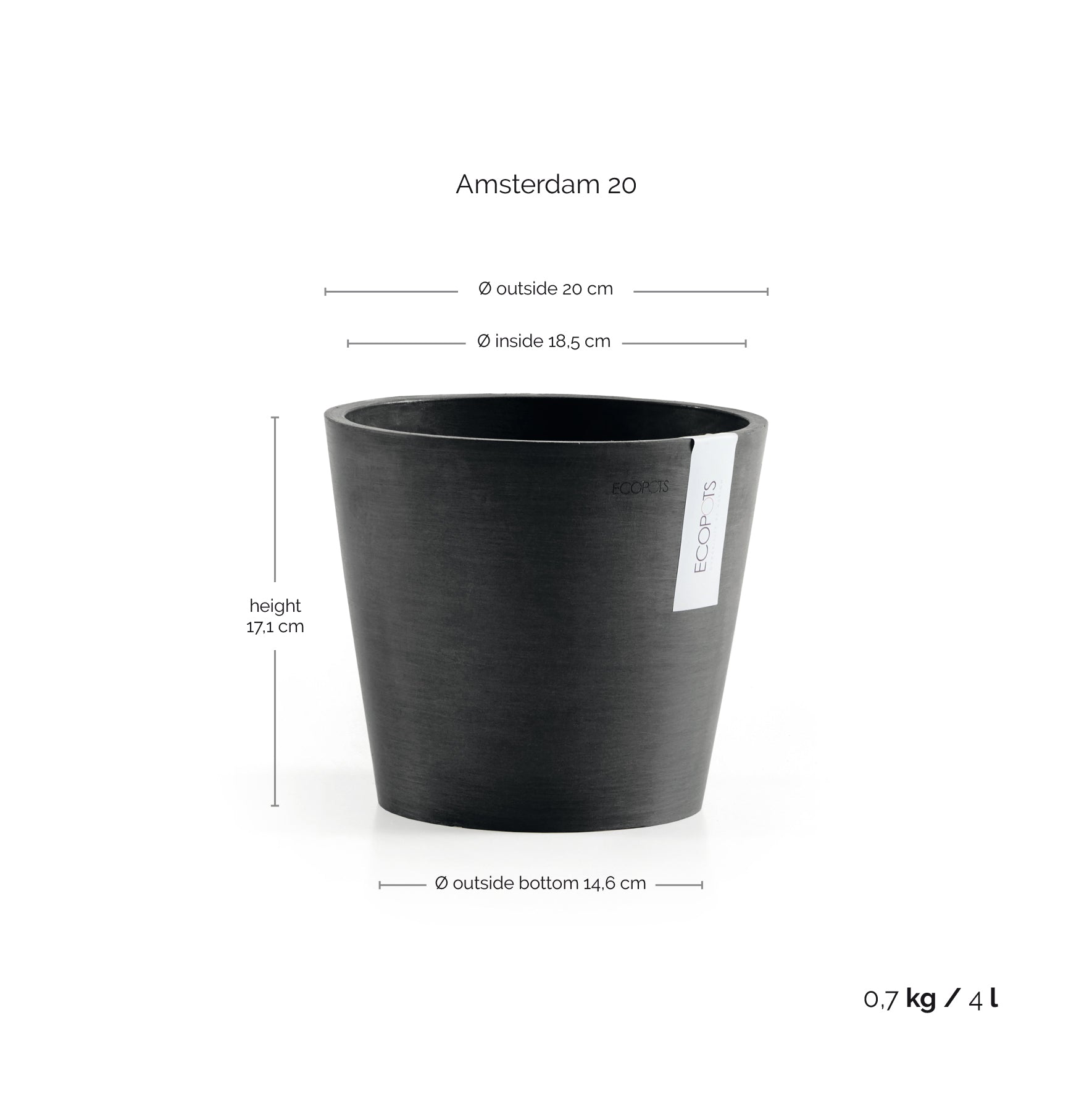 Ecopots Amsterdam 20 Dark Grey + Water Reservoir