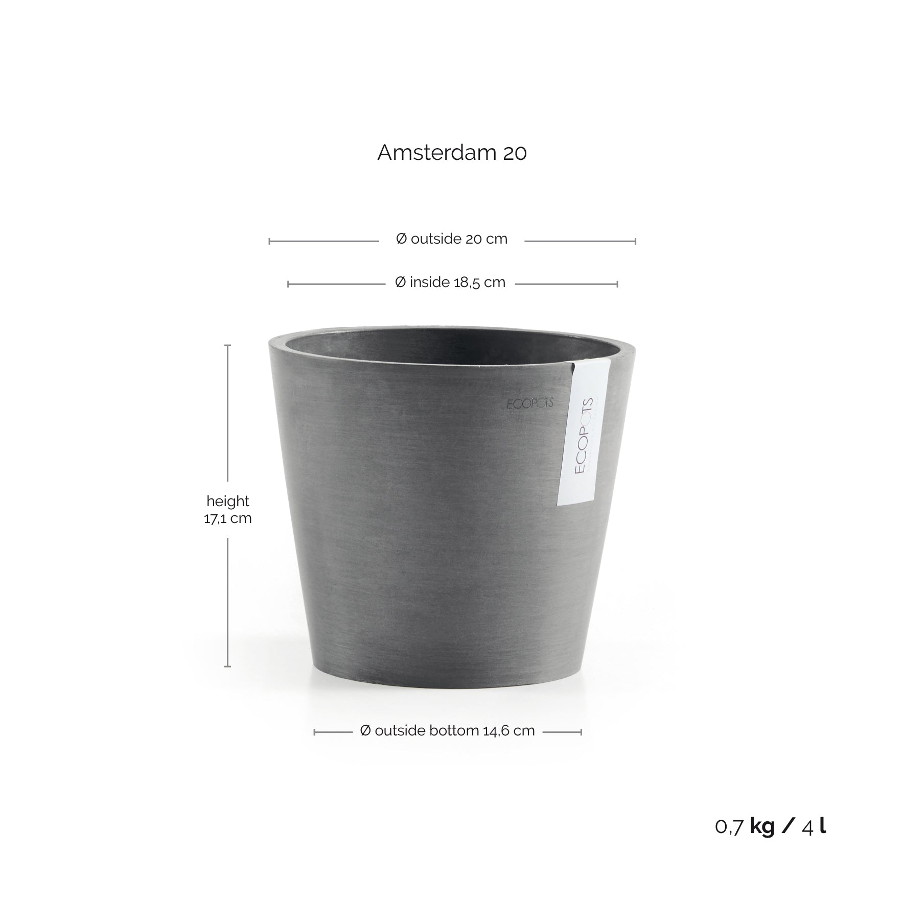 Ecopots Amsterdam 20 Grey + Water Reservoir
