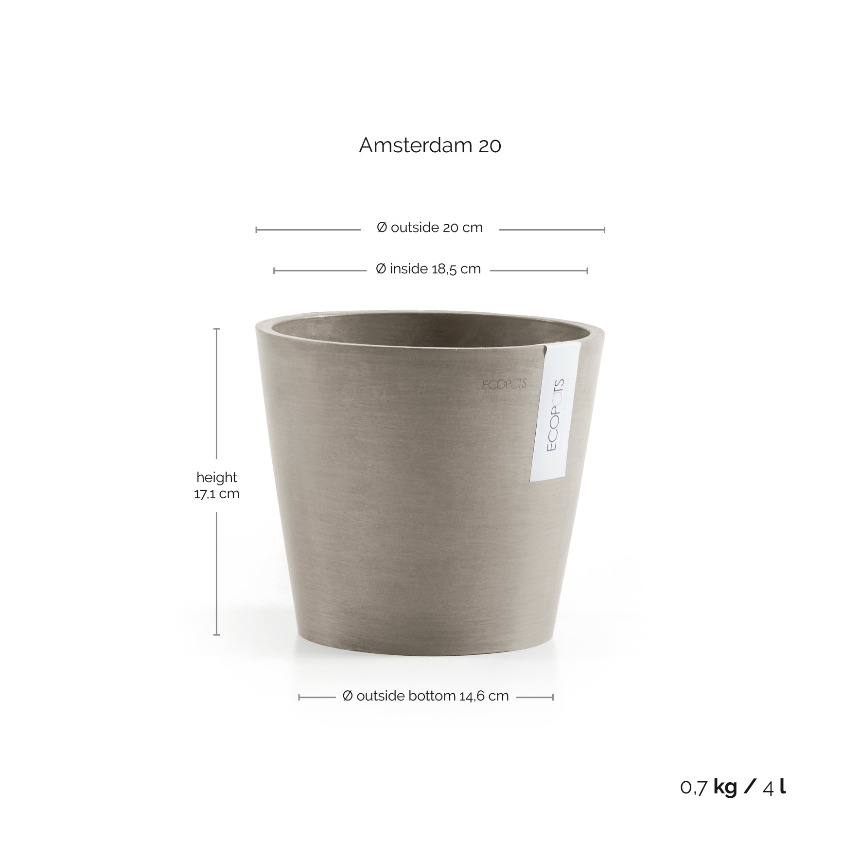 Ecopots Amsterdam 20 Taupe + Water Reservoir