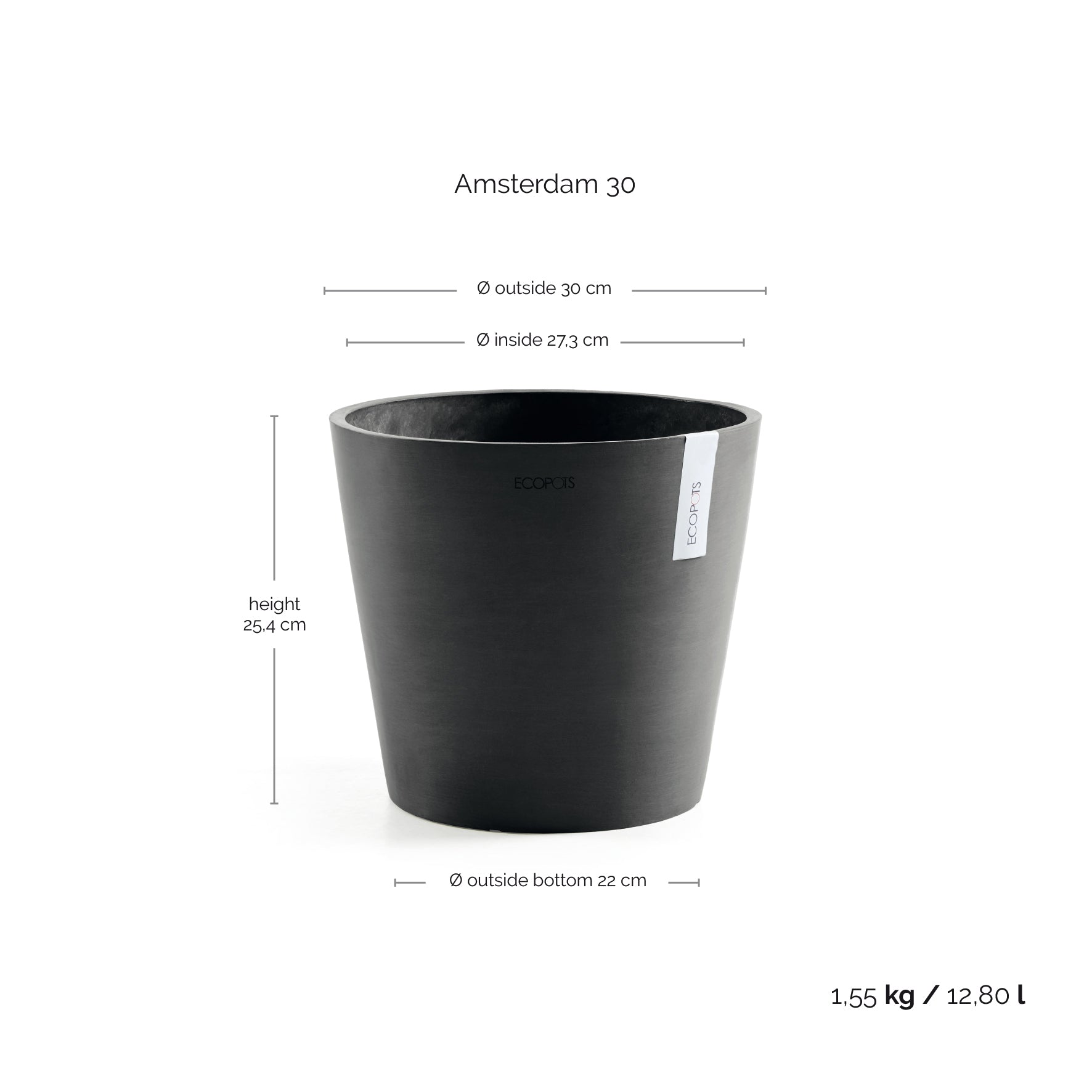 Ecopots Amsterdam 30 Dark Grey + Water Reservoir