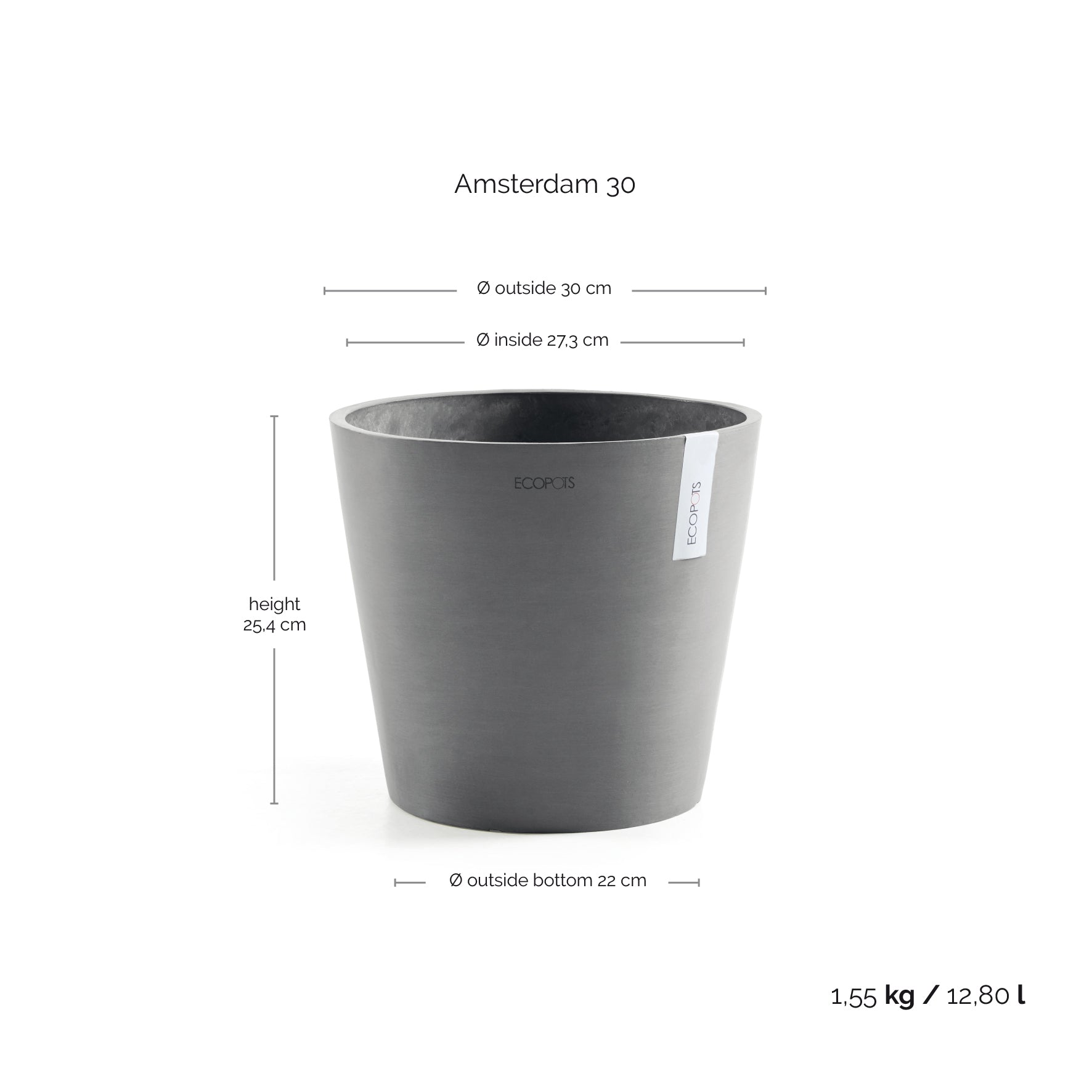 Ecopots Amsterdam 30 Grey + Water Reservoir