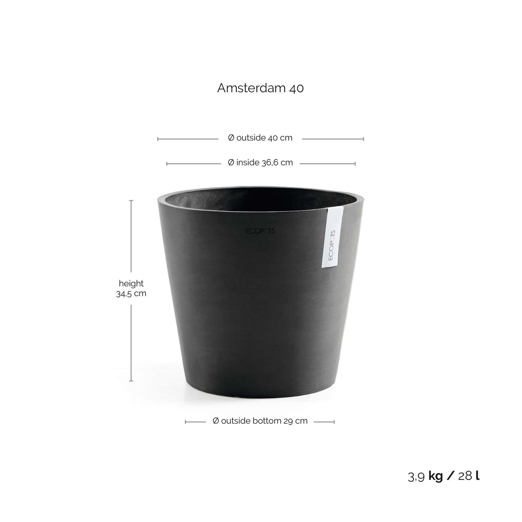 Ecopots Amsterdam 40 Dark Grey + Water Reservoir