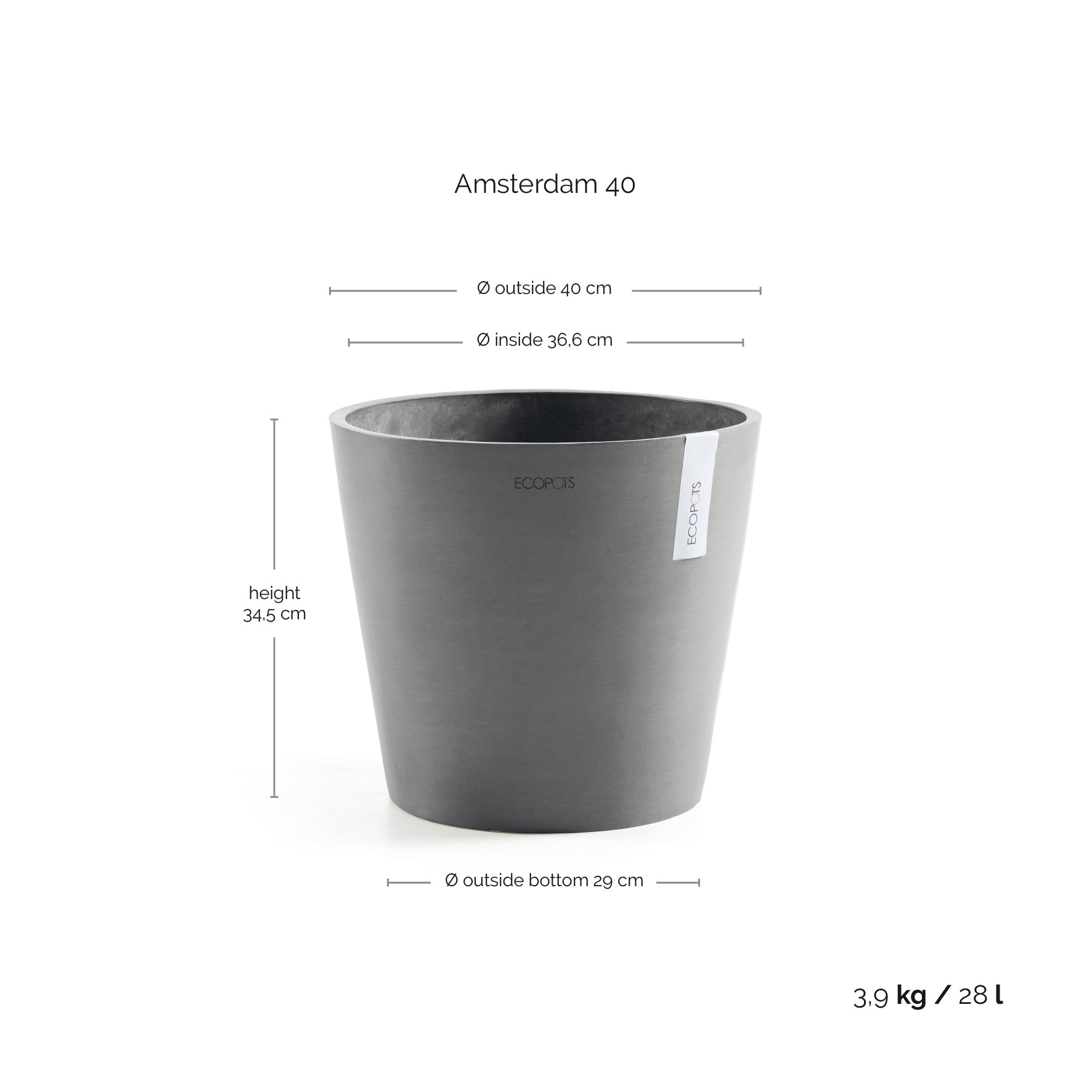 Ecopots Amsterdam 40 Grey + Water Reservoir