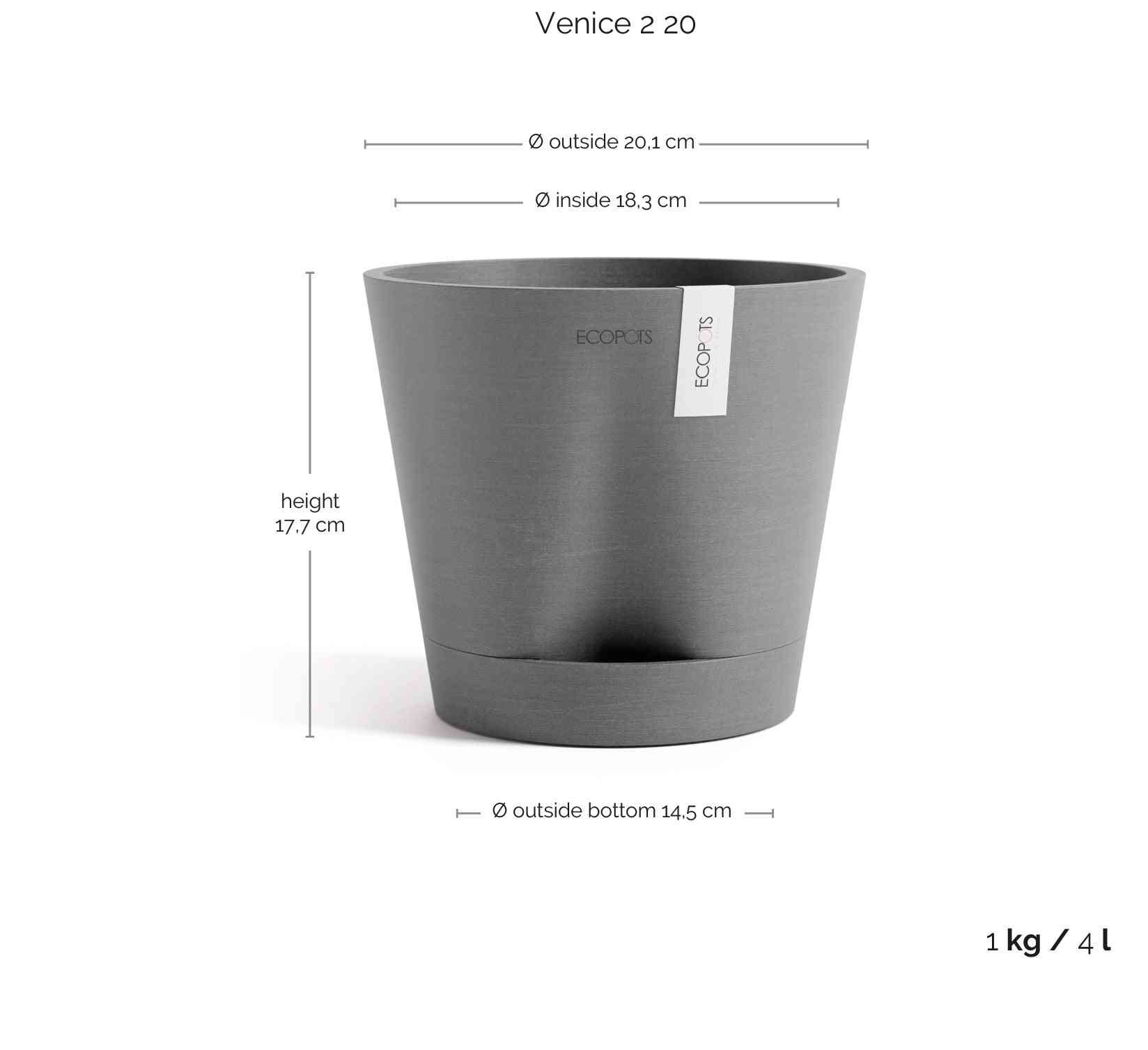 Размери на кашпа Ecopots Venice 2 20 Grey – височина 17.7 см, диаметър 20.1 см, вместимост 4 литра. Подходяща за малки до средни растения.