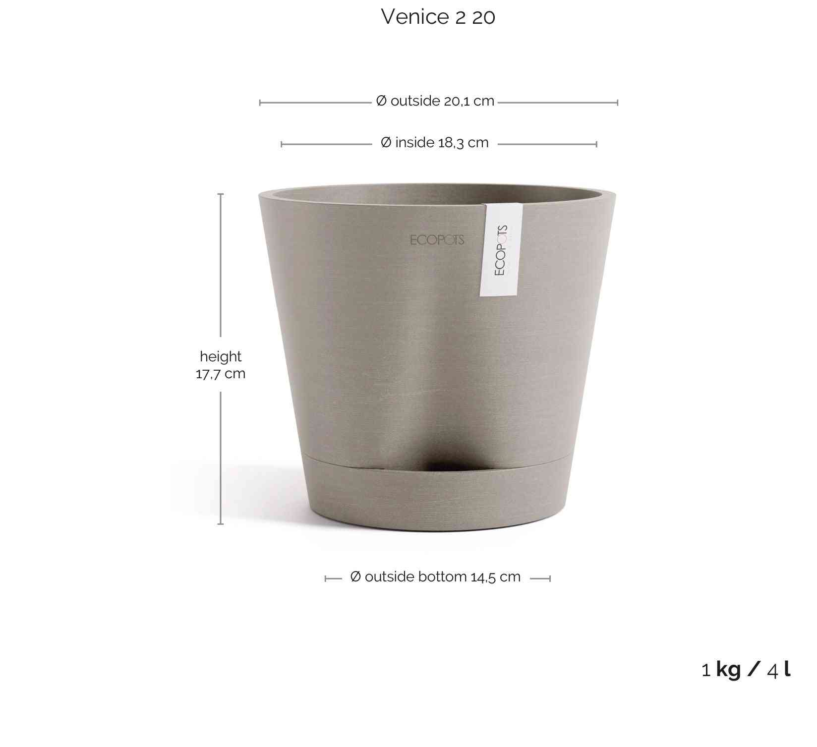 Размери на Ecopots Venice 2 20 Taupe – височина 17.7 см и диаметър 20.1 см, подходяща за малки до средни растения.