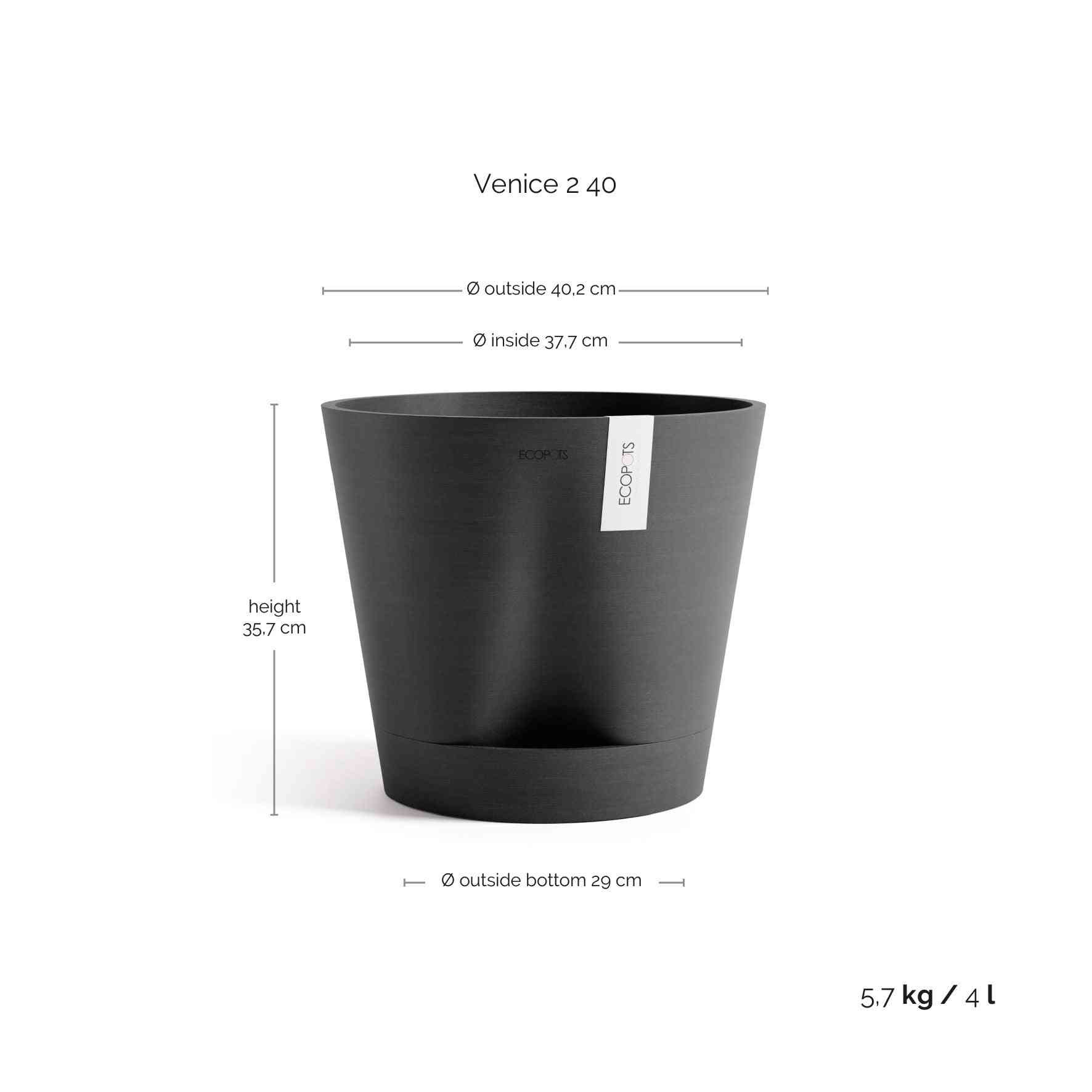 Размери на Ecopots Venice 2 20 Dark Grey с диаметър 40,2 см и височина 35,7 см, идеална за интериорно и екстериорно озеленяване.