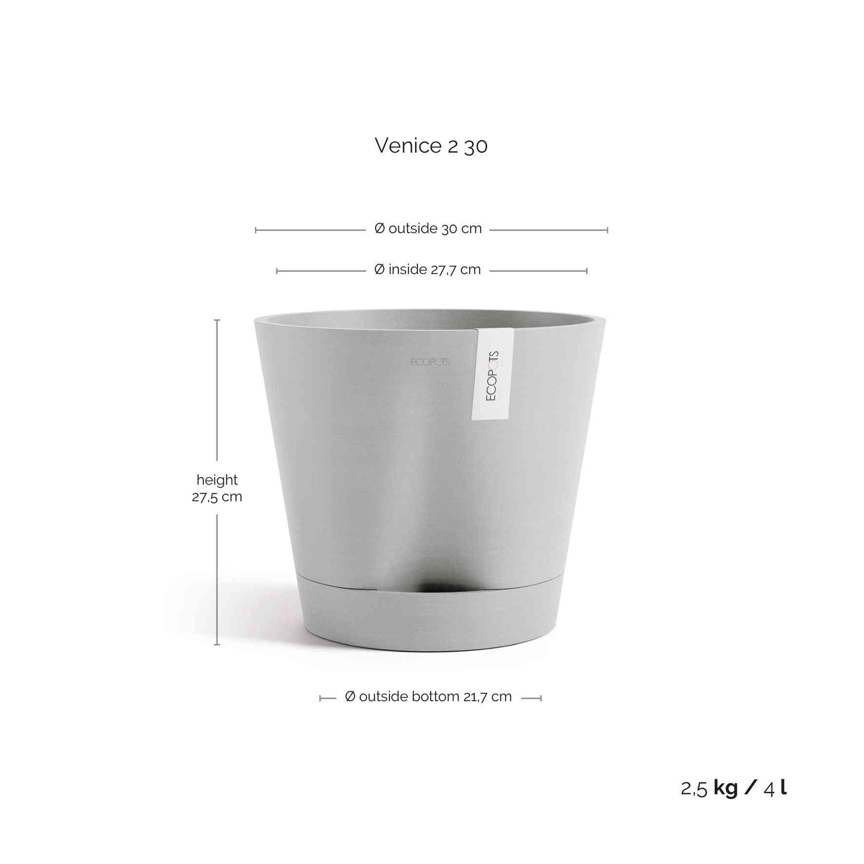 Размери на Ecopots Venice 2 20 White Grey – височина 27.5 см, вместимост 4 л, подходяща за интериорно и екстериорно озеленяване.