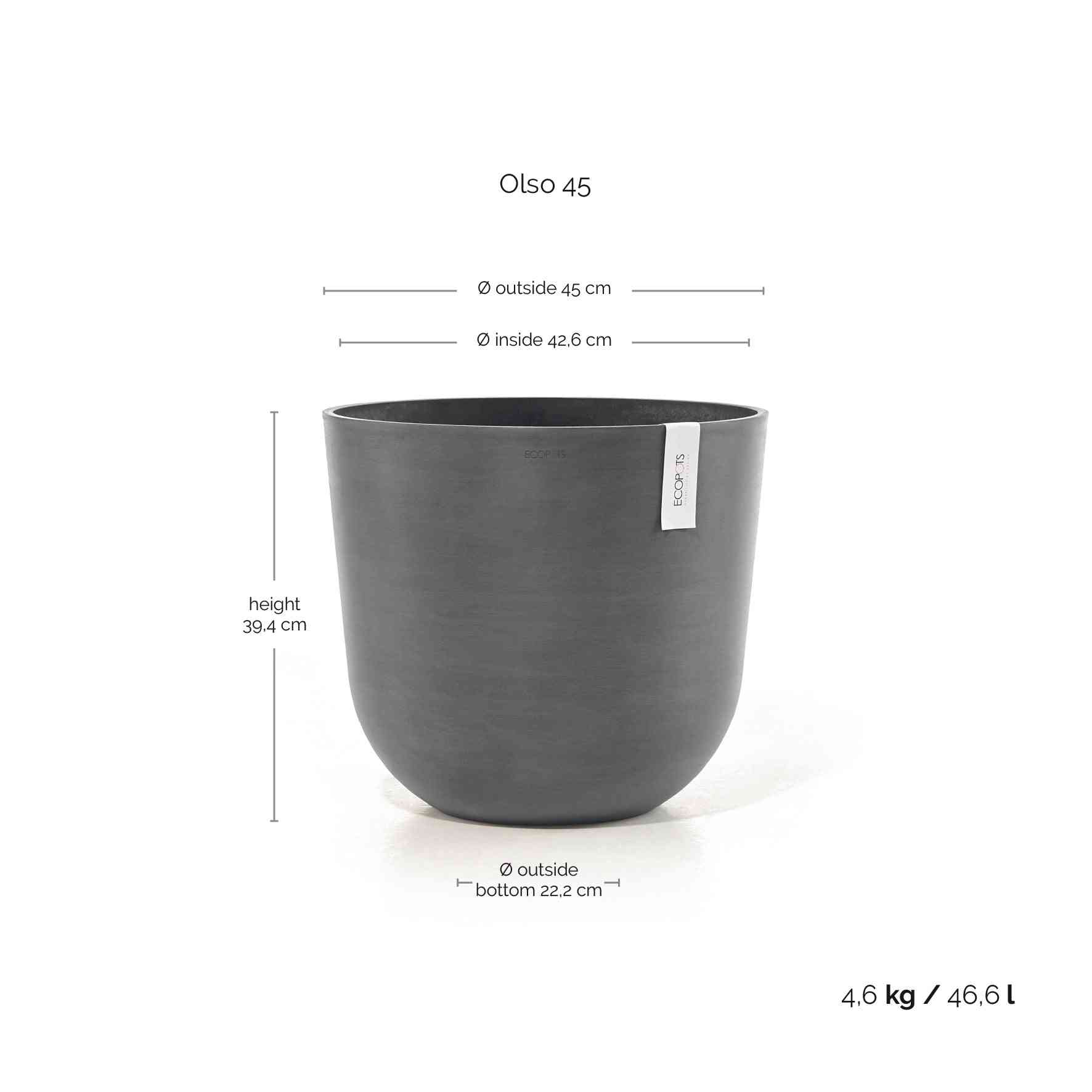 Ecopots Oslo 45 Grey + Water Reservoir