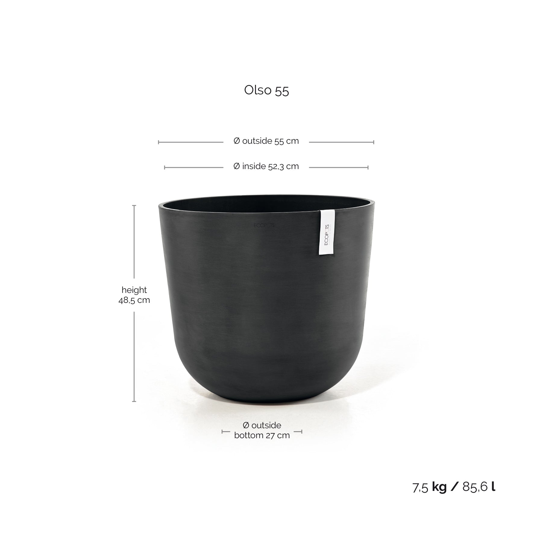 Ecopots Oslo 55 Dark Grey + Water Reservoir