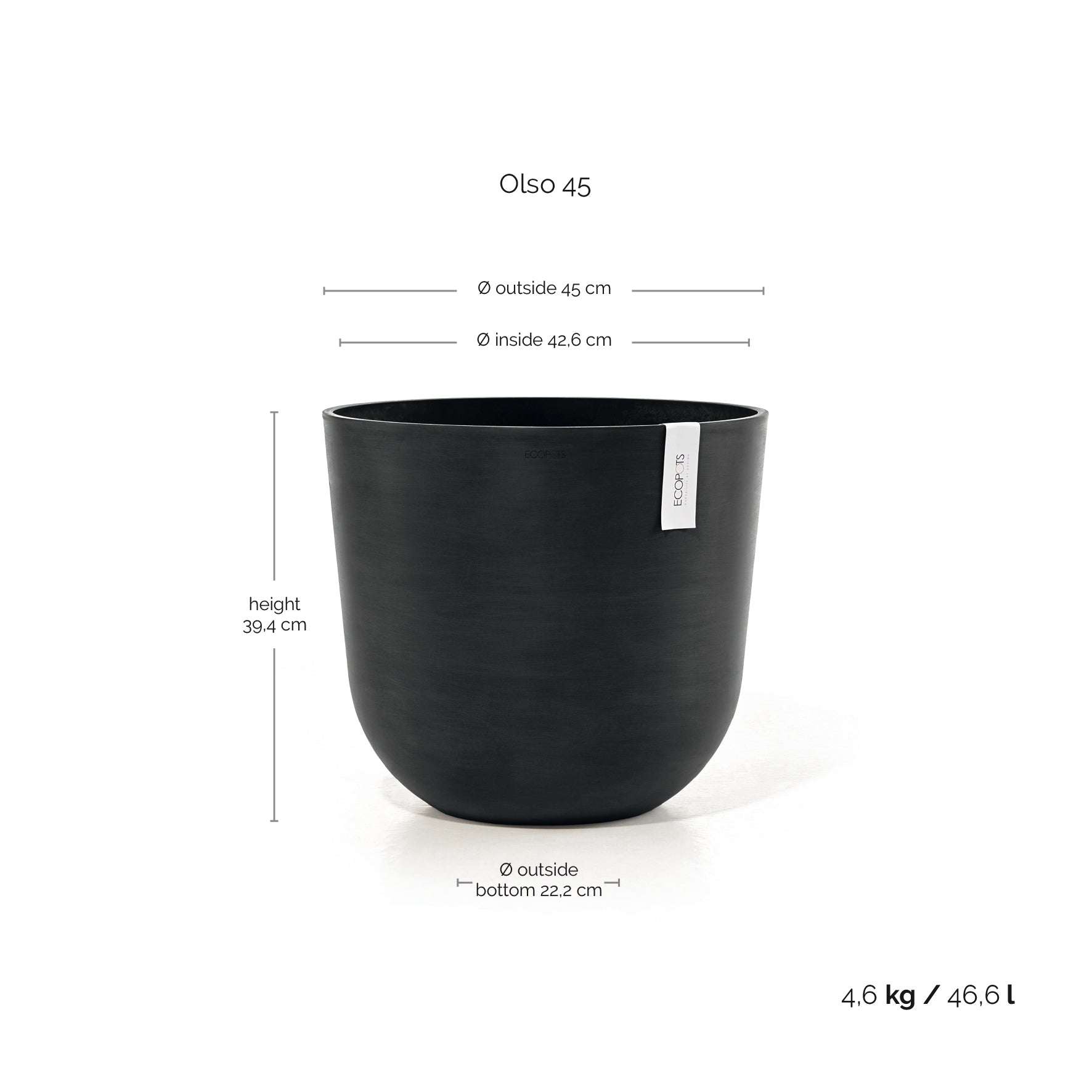 Ecopots Oslo 45 Dark Grey + Water Reservoir