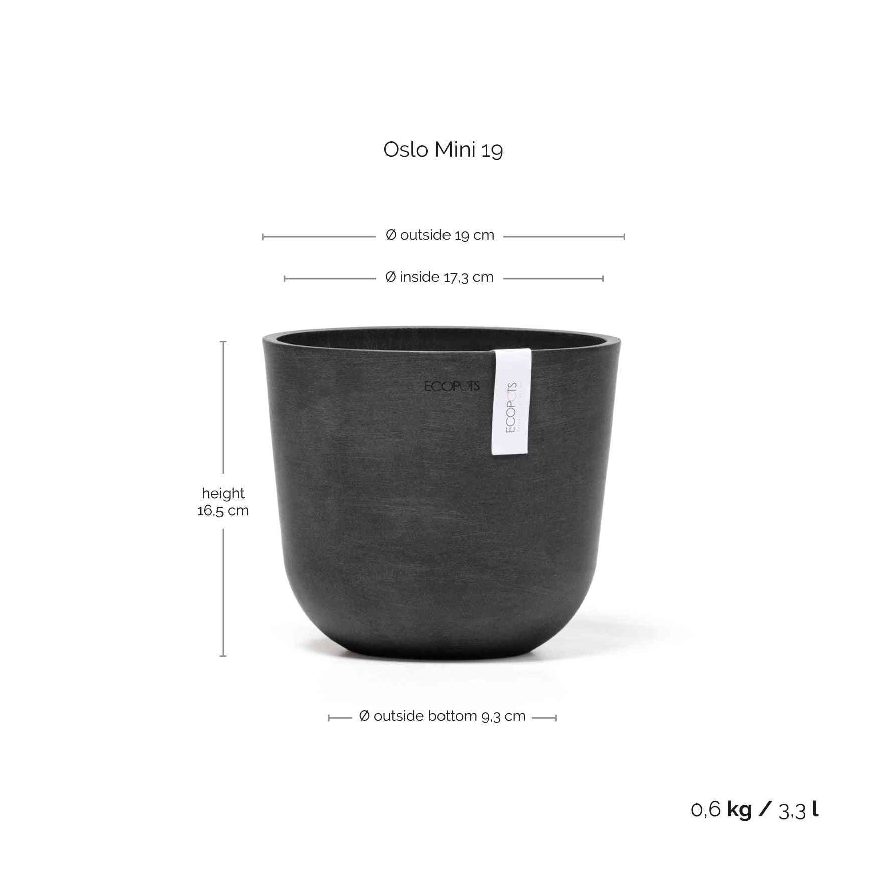 Размери на кашпа Ecopots Oslo Mini 19 Dark Grey: 19 см диаметър, 16,5 см височина, лека и устойчива за домашна употреба.