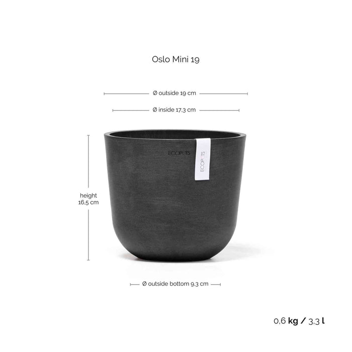 Размери на кашпа Ecopots Oslo Mini 19 Dark Grey: 19 см диаметър, 16,5 см височина, лека и устойчива за домашна употреба.