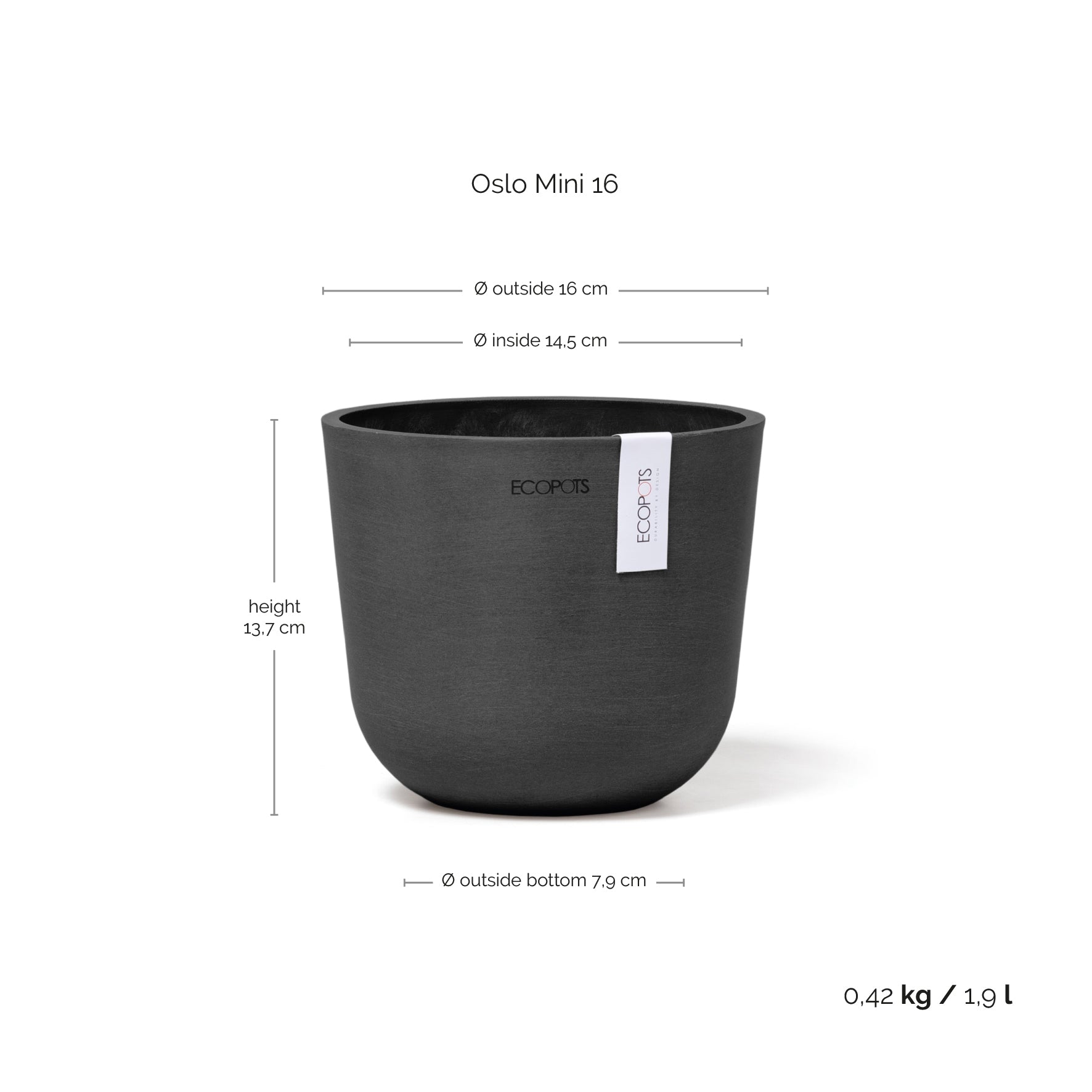 Ecopots Oslo Mini 16 Dark Grey