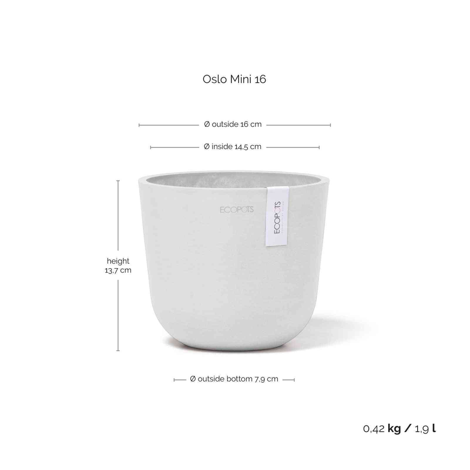 Размери на Ecopots Oslo Mini 16 White Grey – Ø16 см, височина 13.7 см, обем 1.9 л, лека и устойчива кашпа за стайни растения.