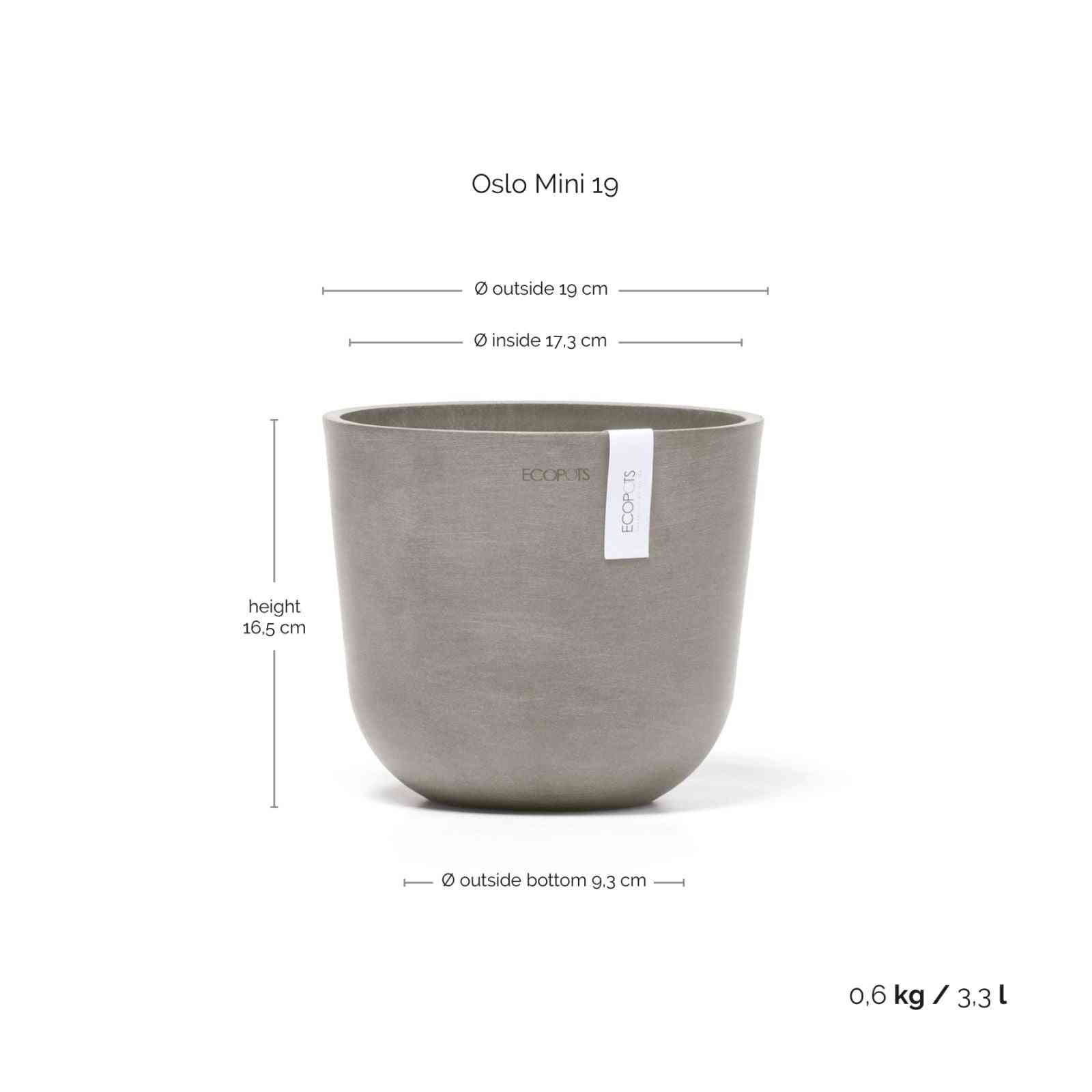 Размери и капацитет на Ecopots Oslo mini 19 Taupe, подходяща за малки растения и устойчиво градинарство.
