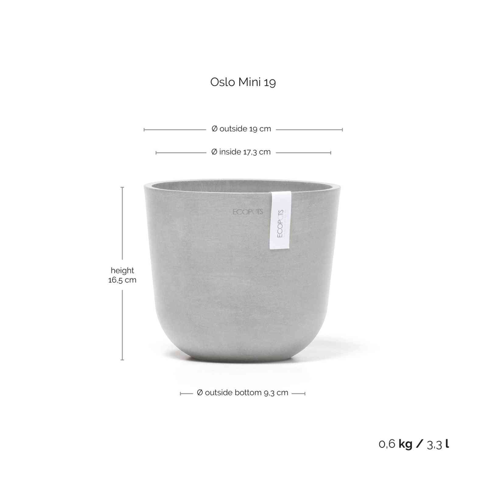 Размери на кашпа Ecopots Oslo Mini 19 White Grey: 19 см диаметър, 16.5 см височина, лека и устойчива за стайни растения.