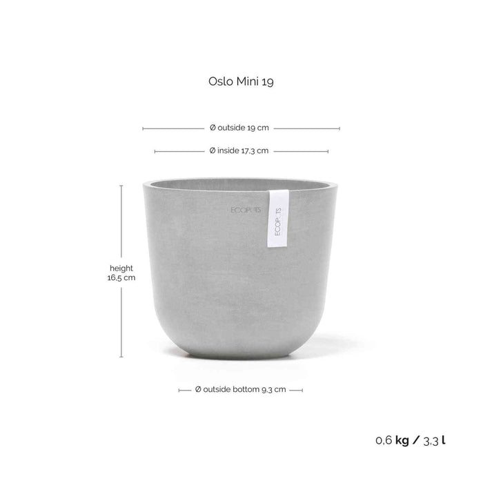 Размери на кашпа Ecopots Oslo Mini 19 White Grey: 19 см диаметър, 16.5 см височина, лека и устойчива за стайни растения.