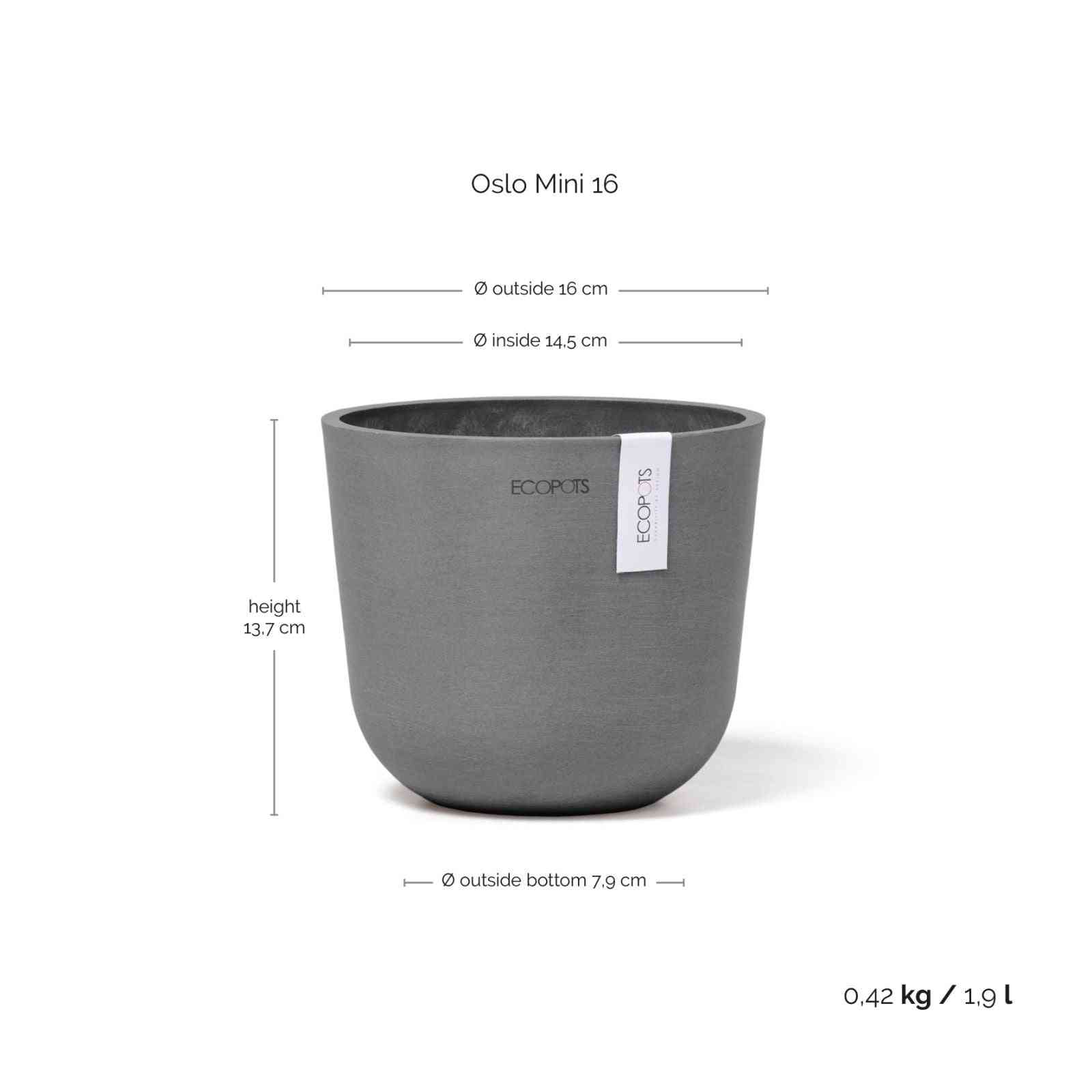Размери и тегло на Ecopots Oslo Mini 16 Grey – компактна еко кашпа с височина 13.7 см и вместимост 1.9 литра.