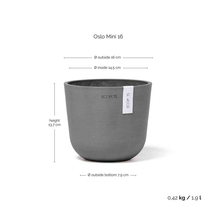 Размери и тегло на Ecopots Oslo Mini 16 Grey – компактна еко кашпа с височина 13.7 см и вместимост 1.9 литра.
