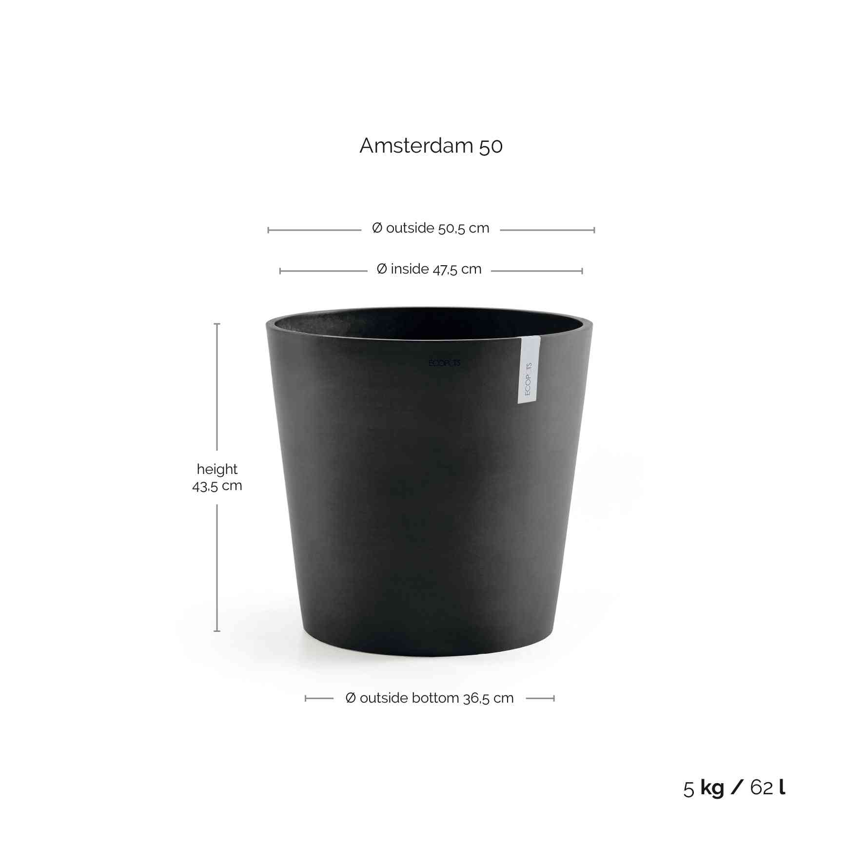 Ecopots Amsterdam 50 Dark Grey + Water Reservoir