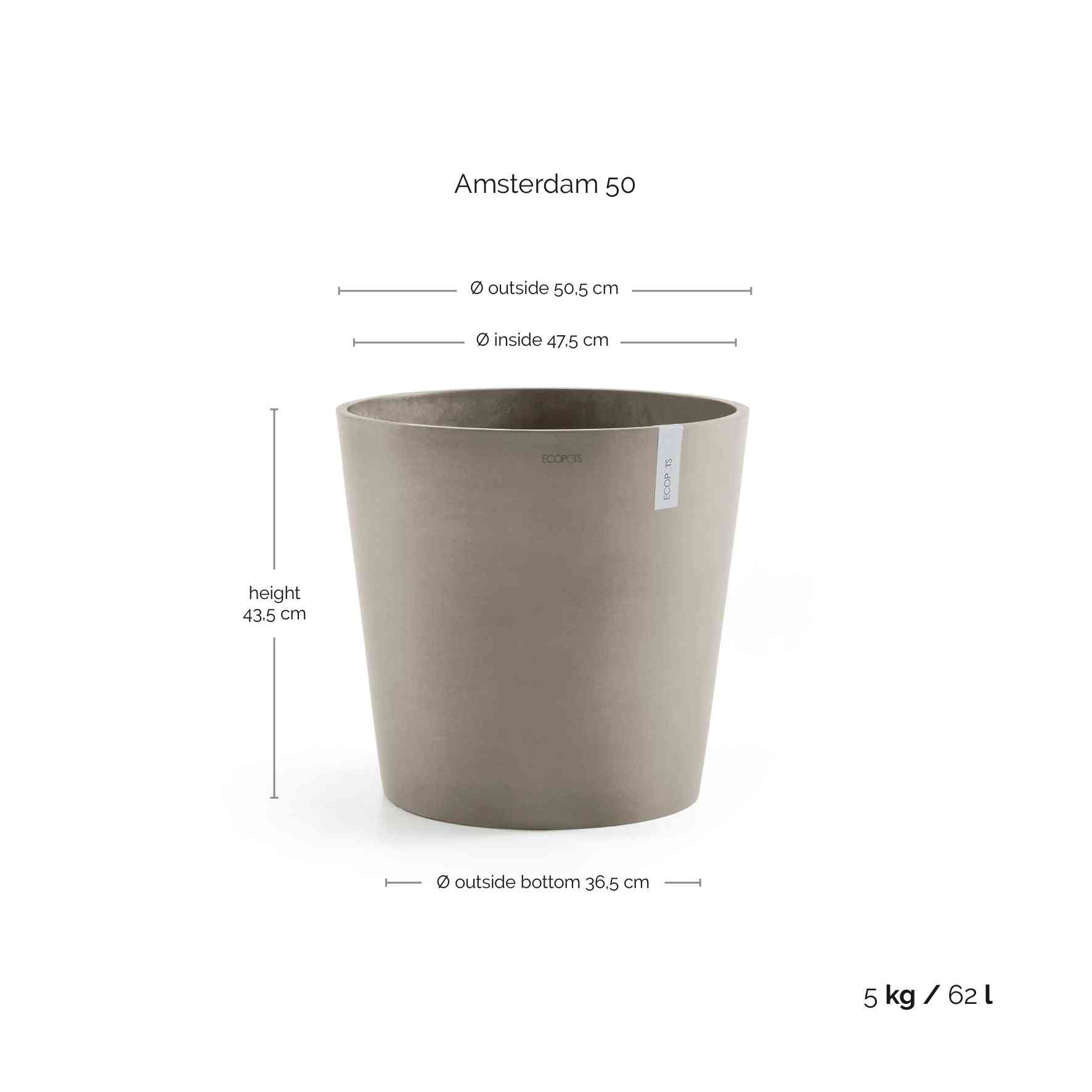 Ecopots Amsterdam 50 Taupe + Water Reservoir