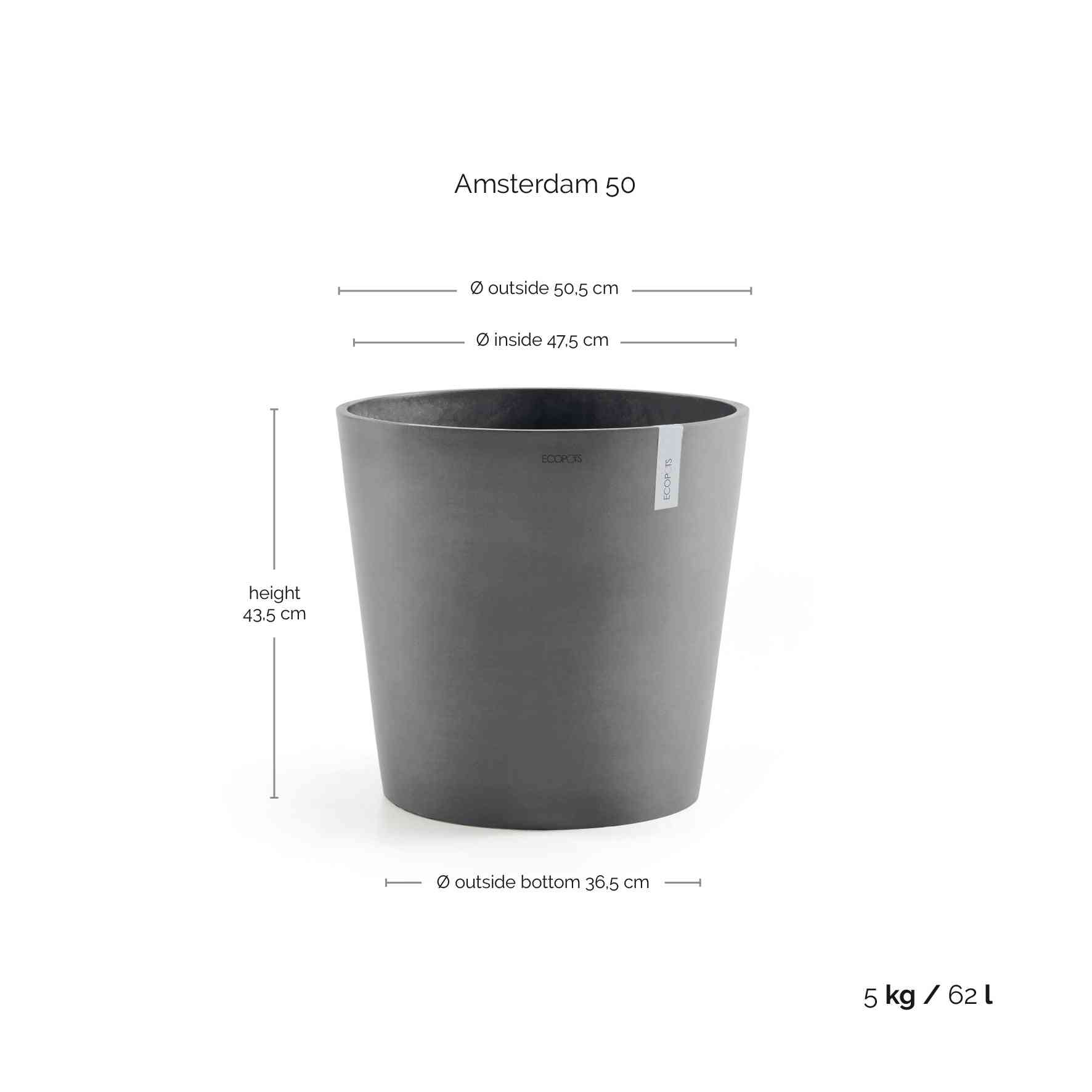 Ecopots Amsterdam 50 Grey + Water Reservoir