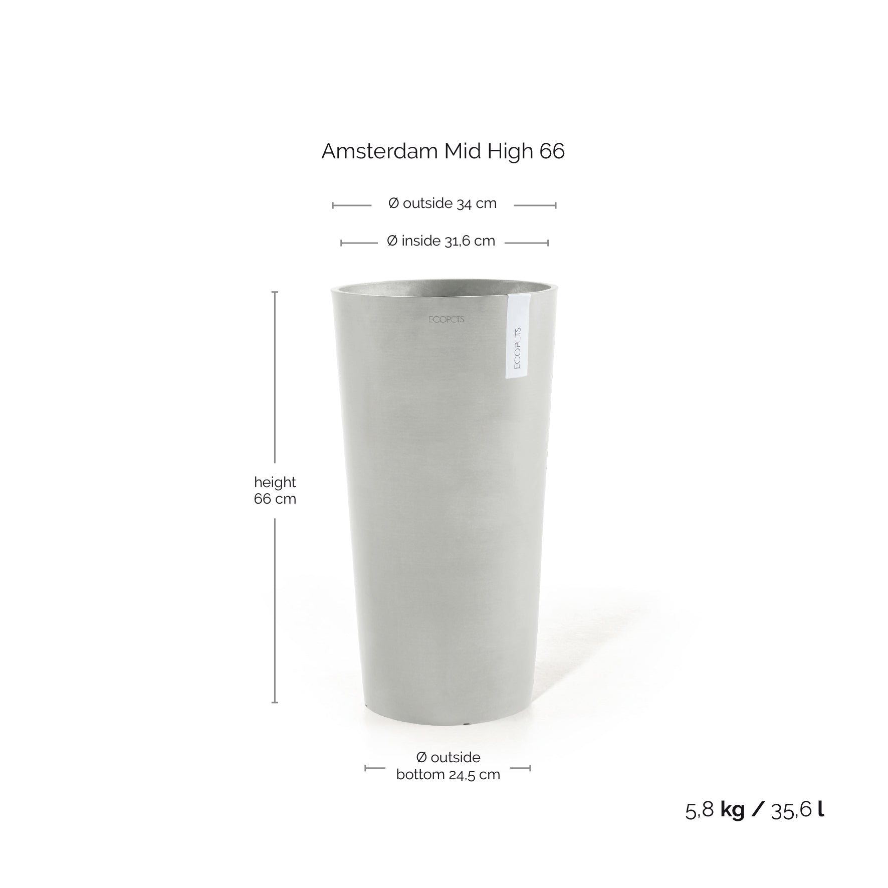 Ecopots Amsterdam High 66 White Grey