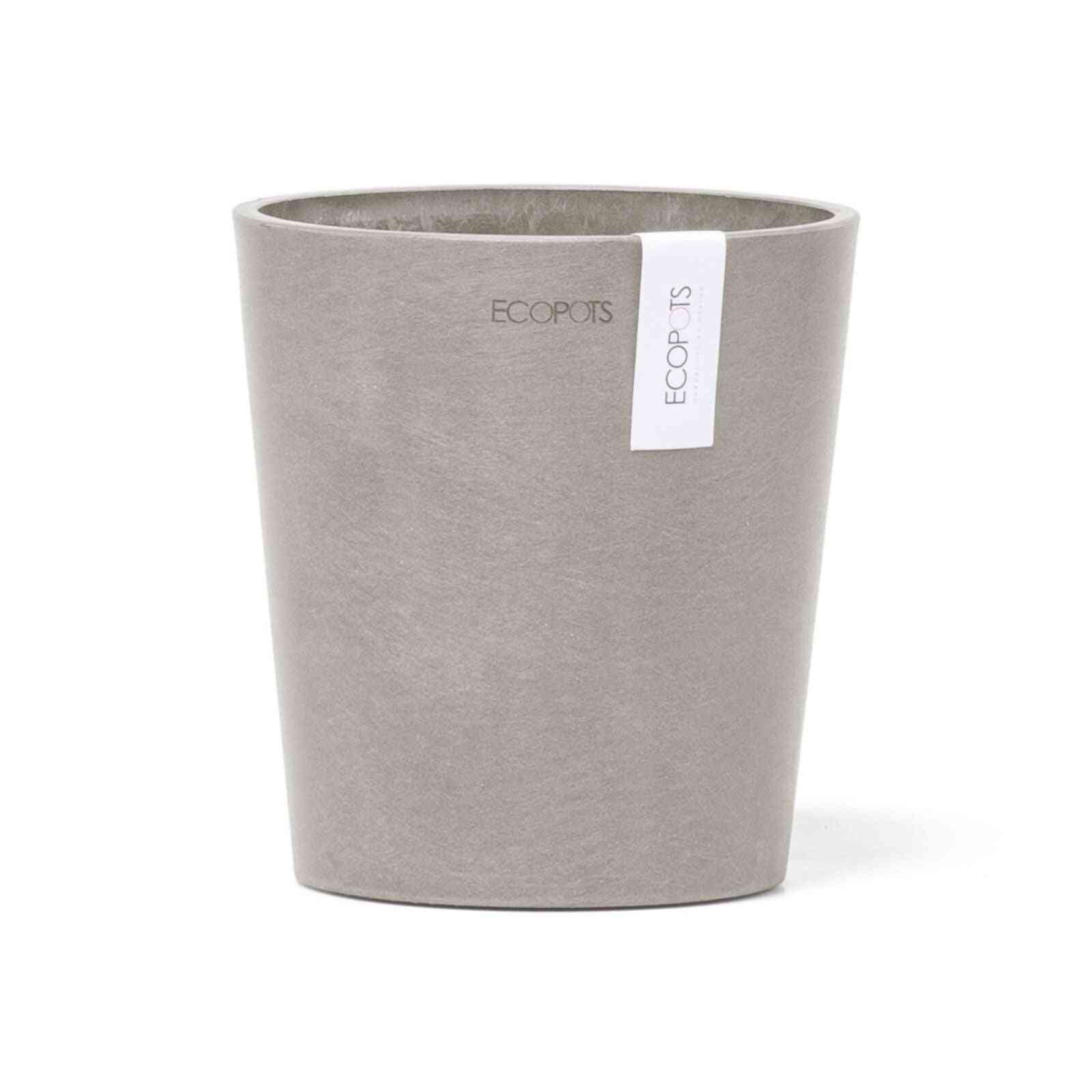 Кашпа Тест Ecopots Morinda 14 Taupe в сив цвят, изработена от рециклирани материали, подходяща за орхидеи и интериорна декорация.