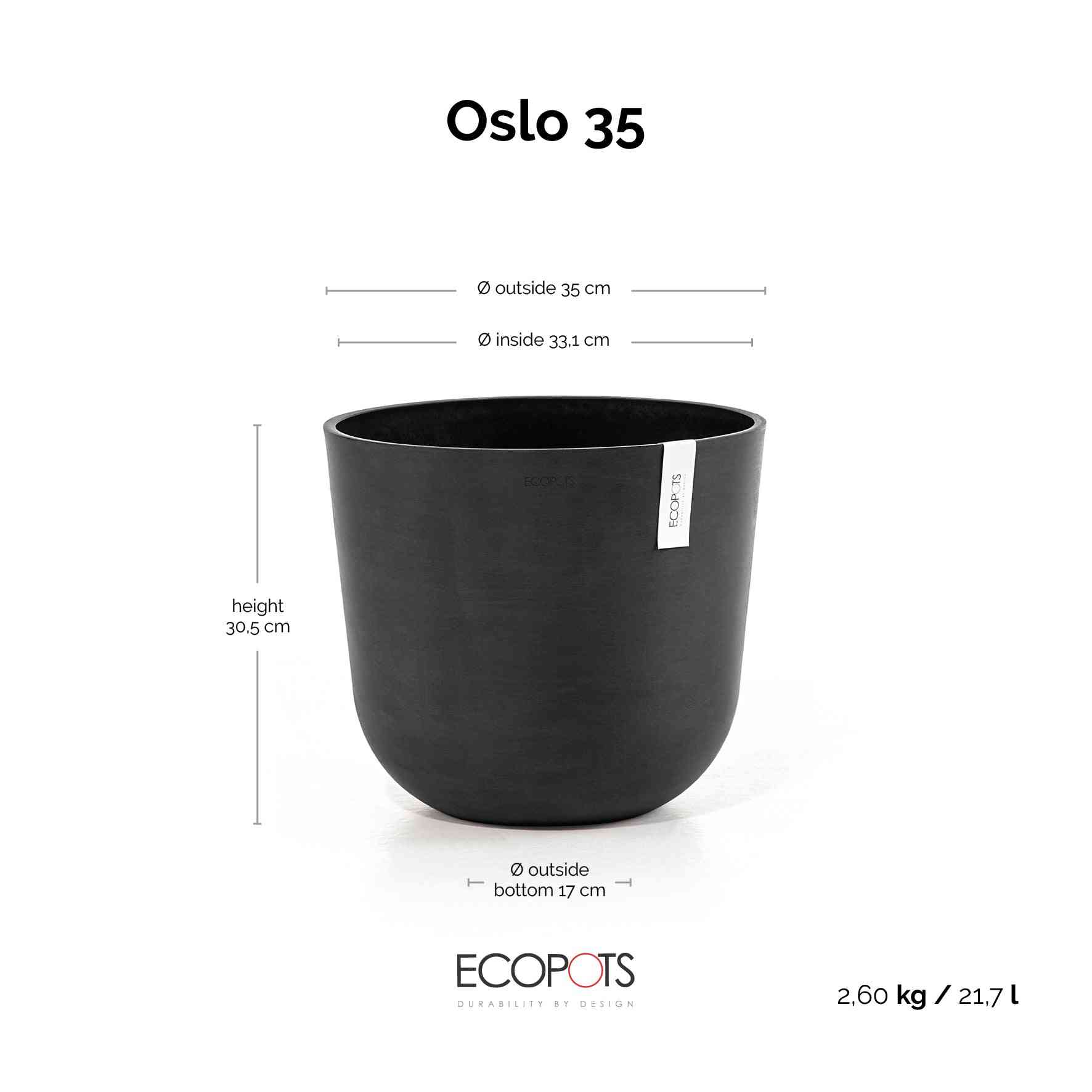 Ecopots Oslo 35 Dark Grey + Water Reservoir