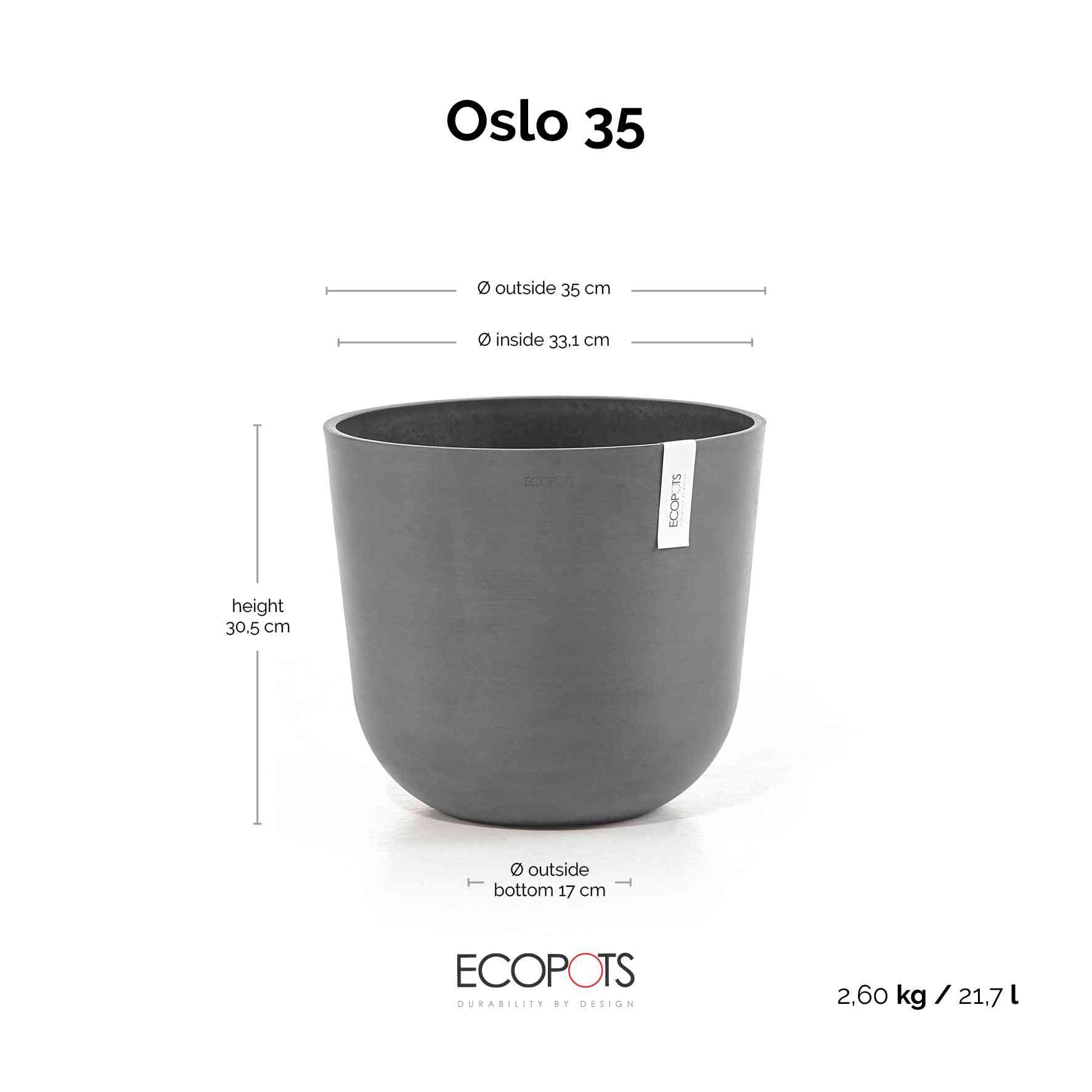 Ecopots Oslo 35 Grey + Water Reservoir