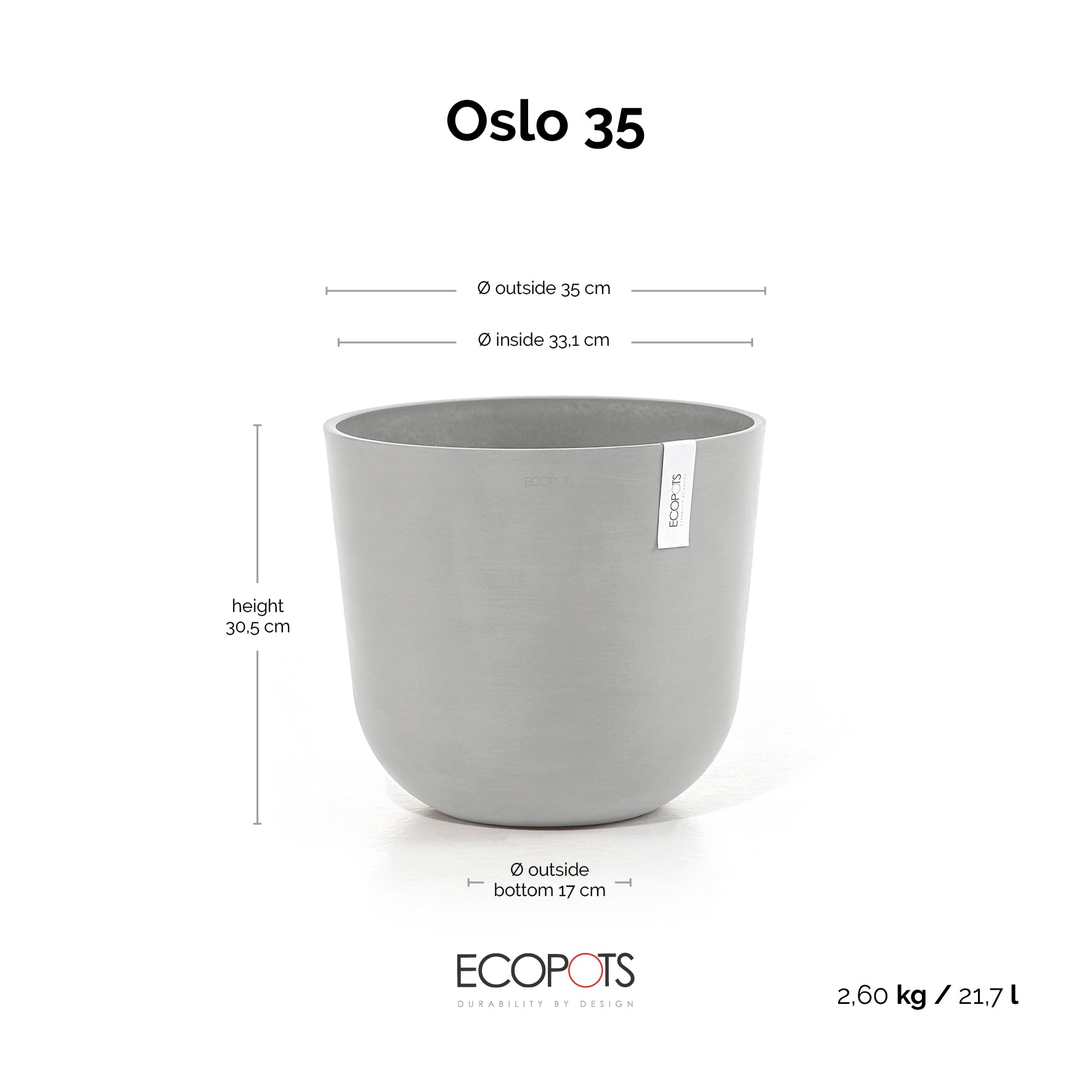 Ecopots Oslo 35 White Grey + Water Reservoir
