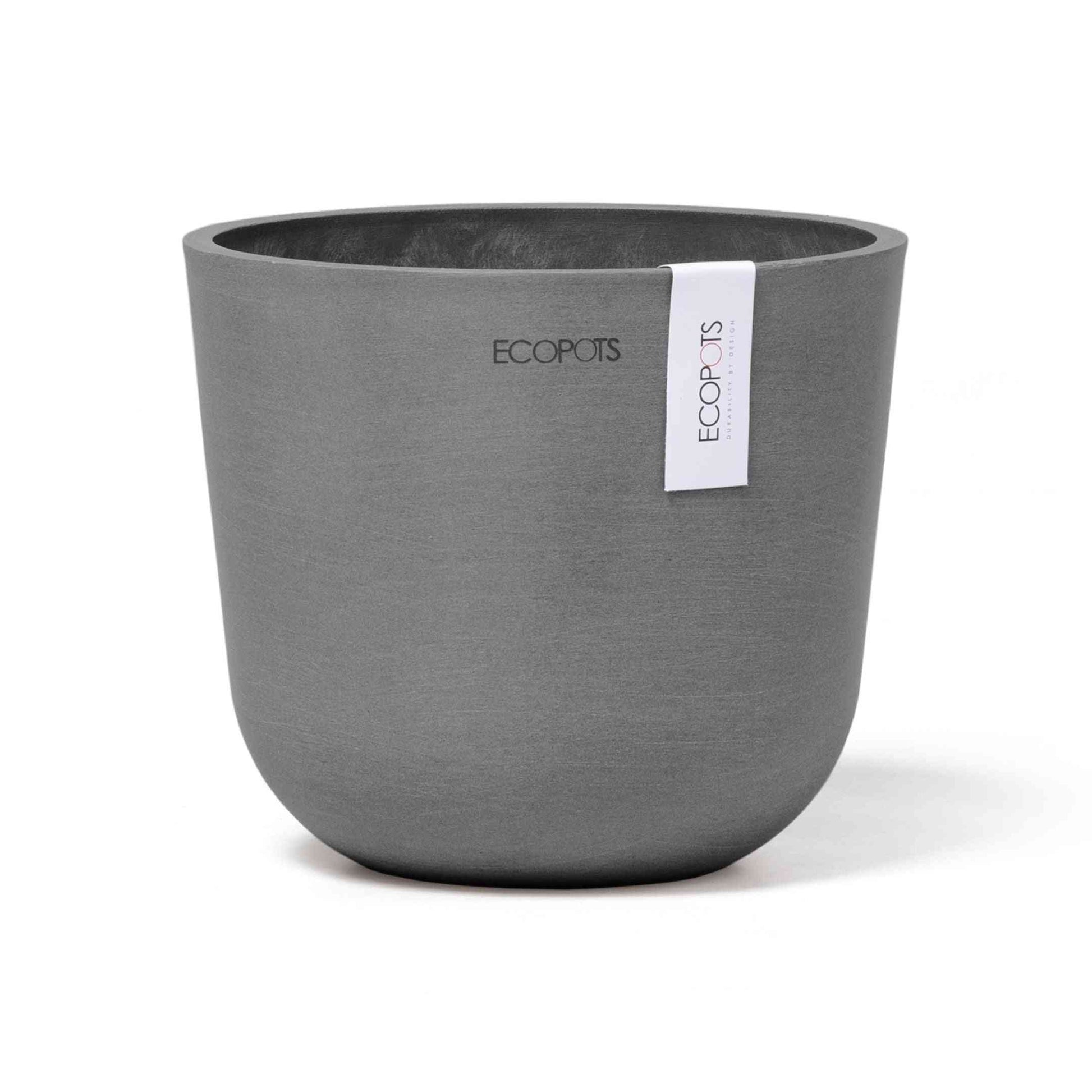 Сива еко кашпа Ecopots Oslo Mini 16 Grey с модерен матов дизайн, идеална за стайни растения и устойчиво озеленяване.