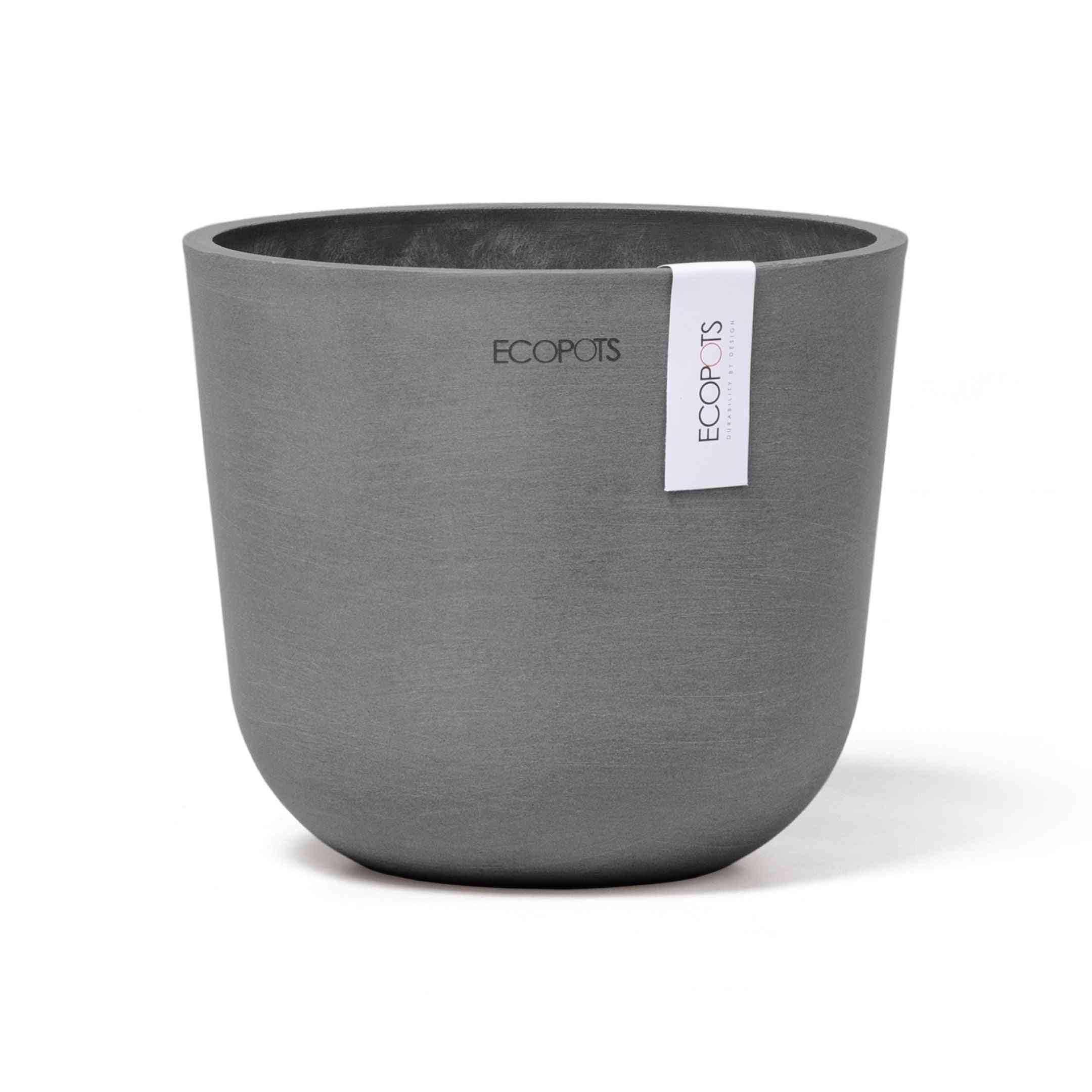 Сива еко кашпа Ecopots Oslo Mini 16 Grey с модерен матов дизайн, идеална за стайни растения и устойчиво озеленяване.